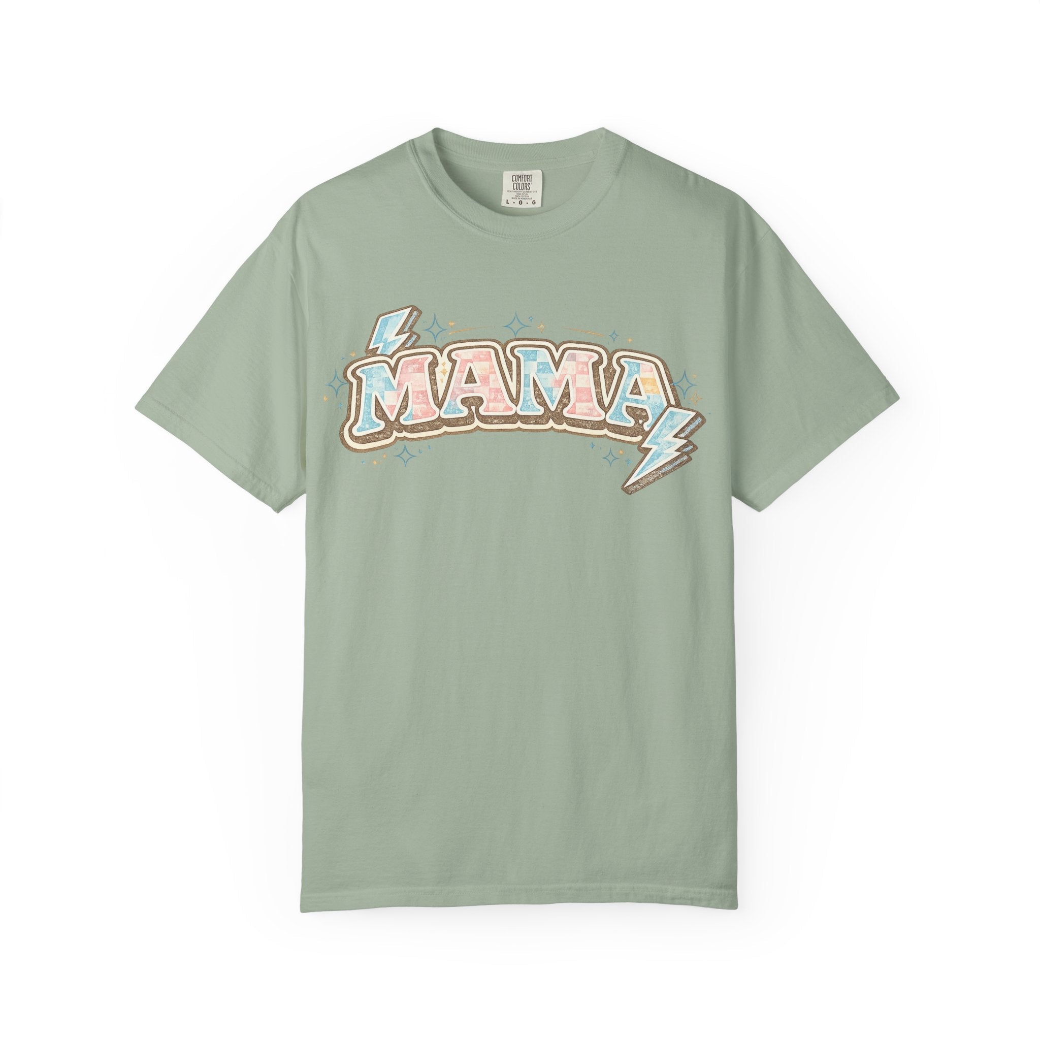Retro "MAMA" Graphic Tee — Pink & Blue Lightning Bolt Mom Shirt - Grace & Grit Boutique