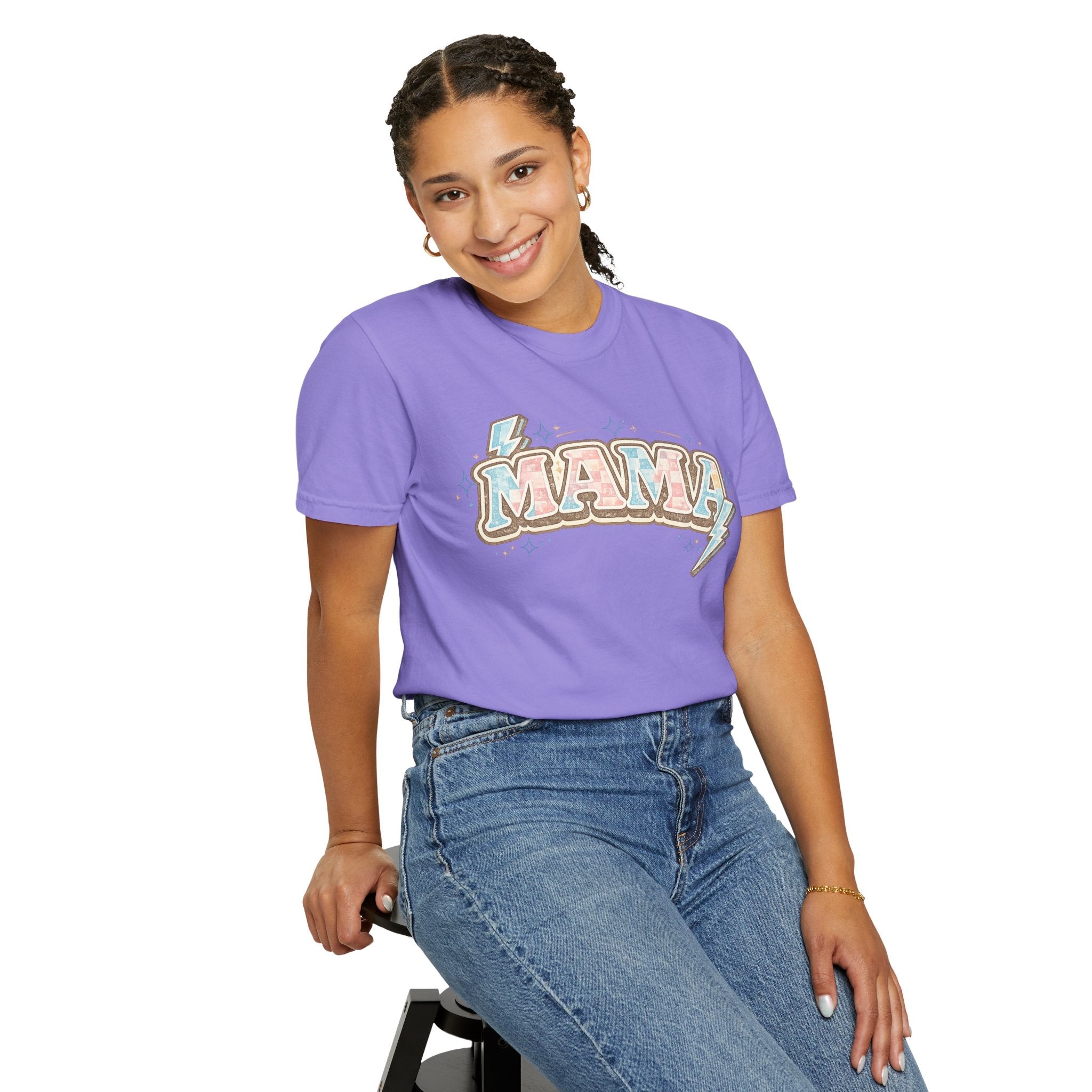 Retro "MAMA" Graphic Tee — Pink & Blue Lightning Bolt Mom Shirt - Grace & Grit Boutique