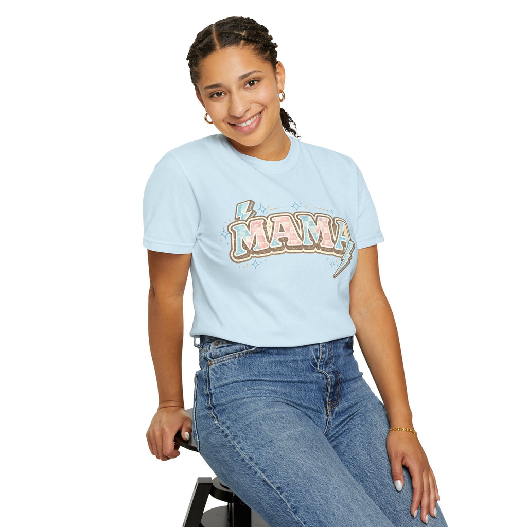 Retro "MAMA" Graphic Tee — Pink & Blue Lightning Bolt Mom Shirt - Grace & Grit Boutique