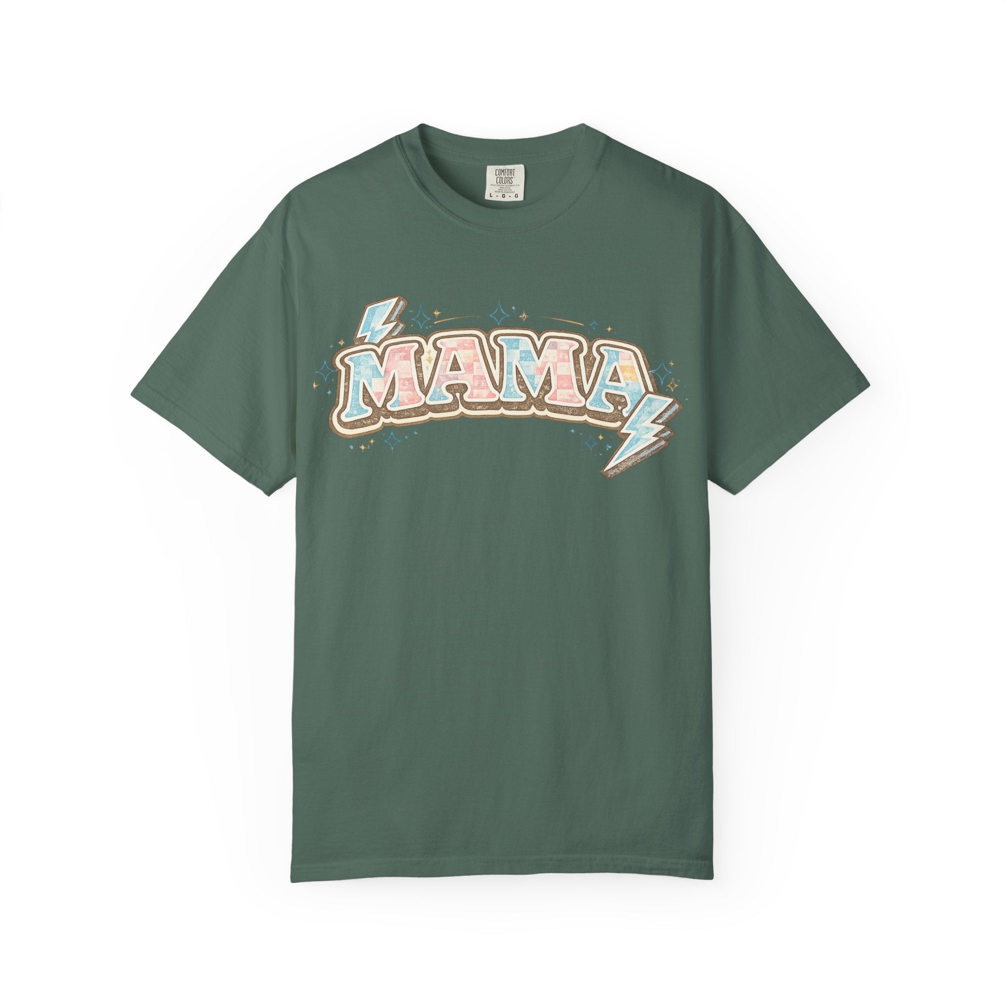 Retro "MAMA" Graphic Tee — Pink & Blue Lightning Bolt Mom Shirt - Grace & Grit Boutique