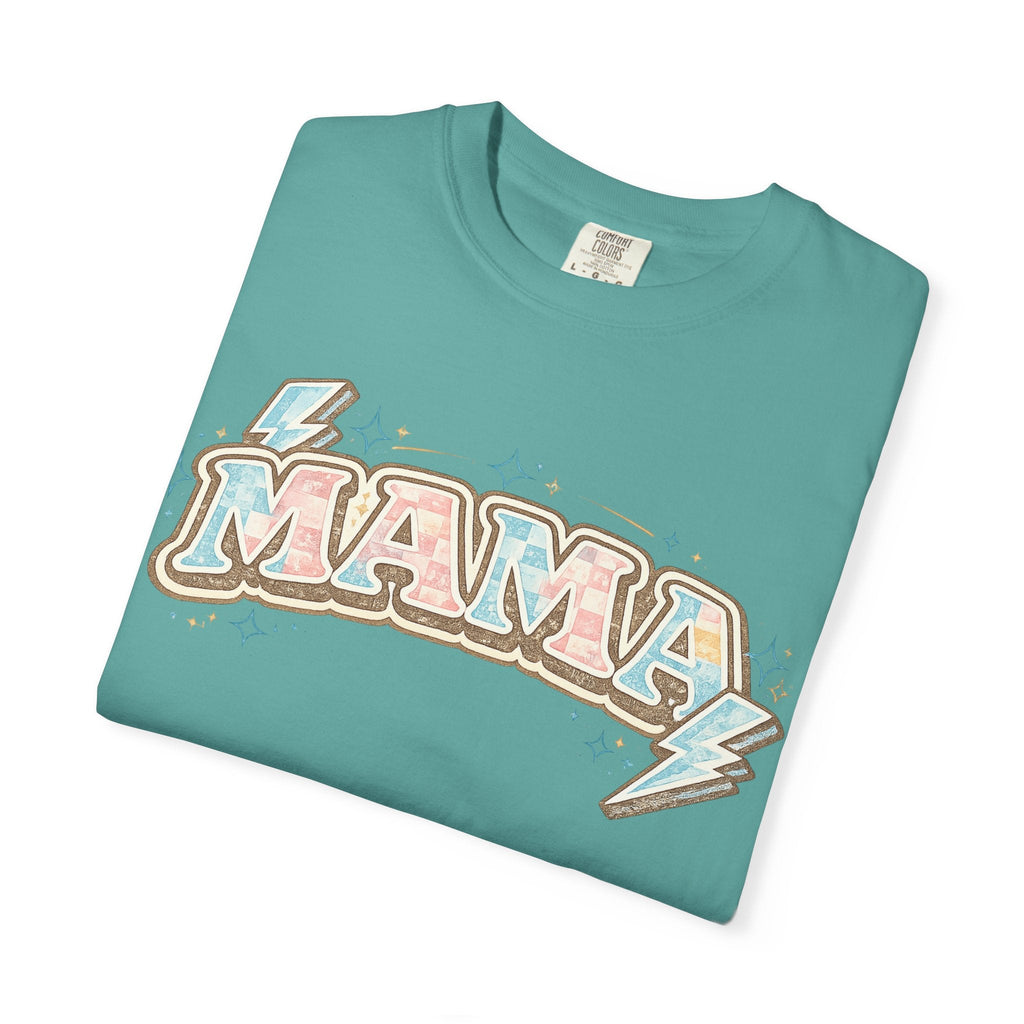 Retro "MAMA" Graphic Tee — Pink & Blue Lightning Bolt Mom Shirt - Grace & Grit Boutique
