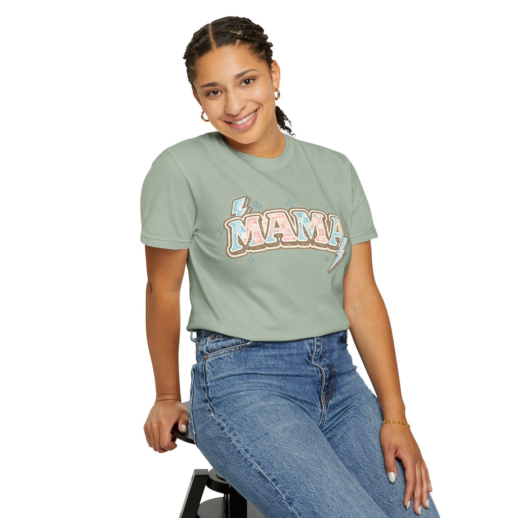 Retro "MAMA" Graphic Tee — Pink & Blue Lightning Bolt Mom Shirt - Grace & Grit Boutique