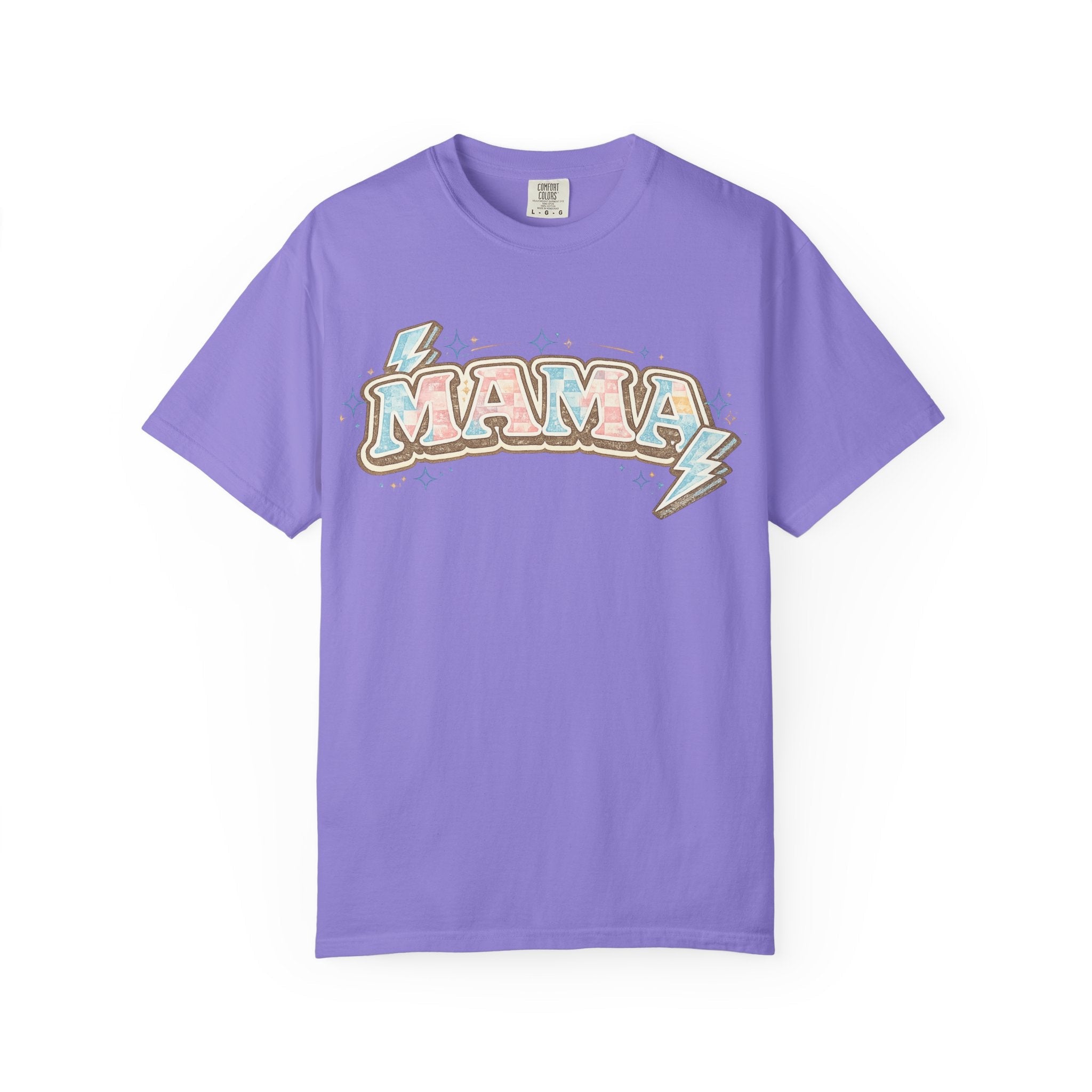 Retro "MAMA" Graphic Tee — Pink & Blue Lightning Bolt Mom Shirt - Grace & Grit Boutique
