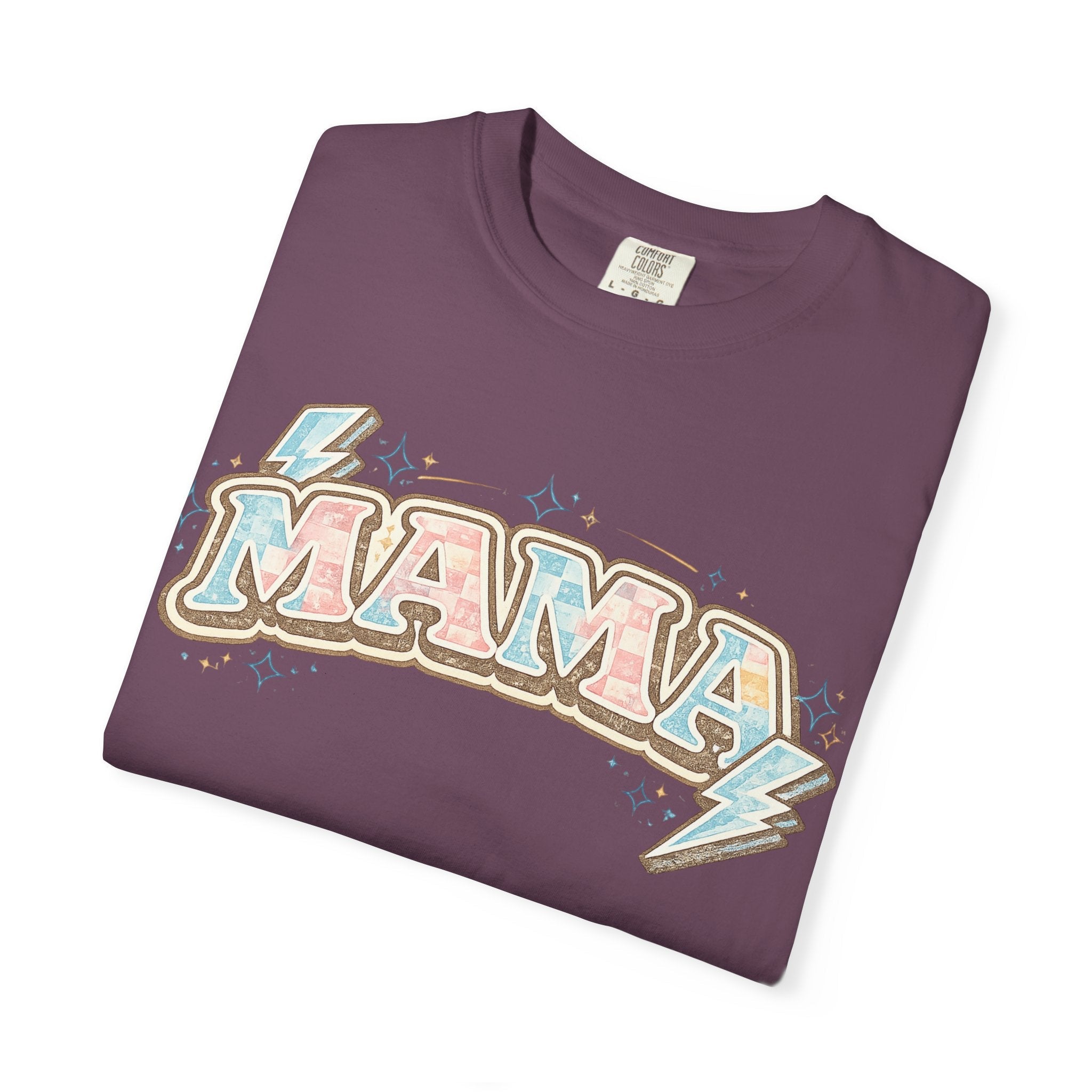Retro "MAMA" Graphic Tee — Pink & Blue Lightning Bolt Mom Shirt - Grace & Grit Boutique