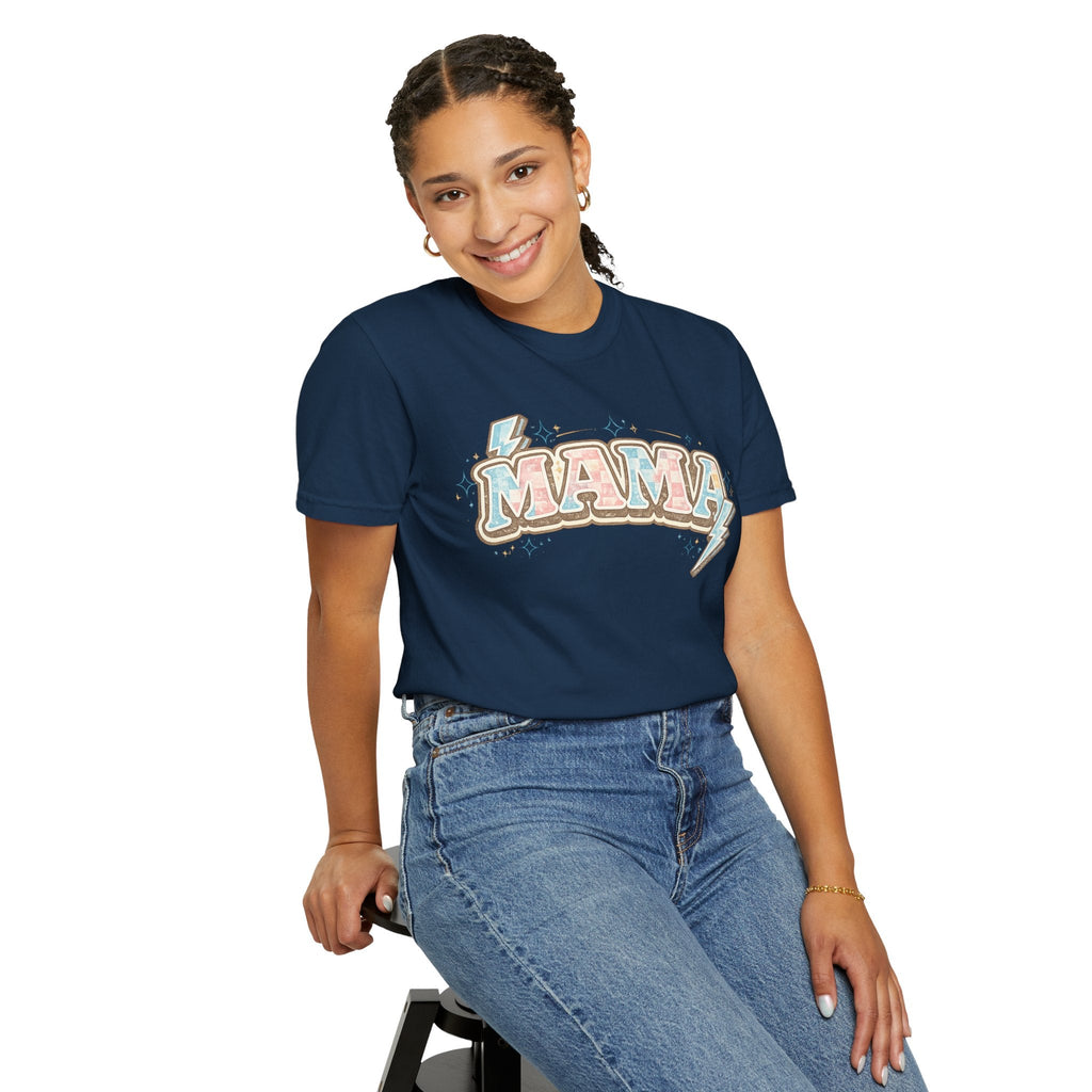 Retro "MAMA" Graphic Tee — Pink & Blue Lightning Bolt Mom Shirt - Grace & Grit Boutique