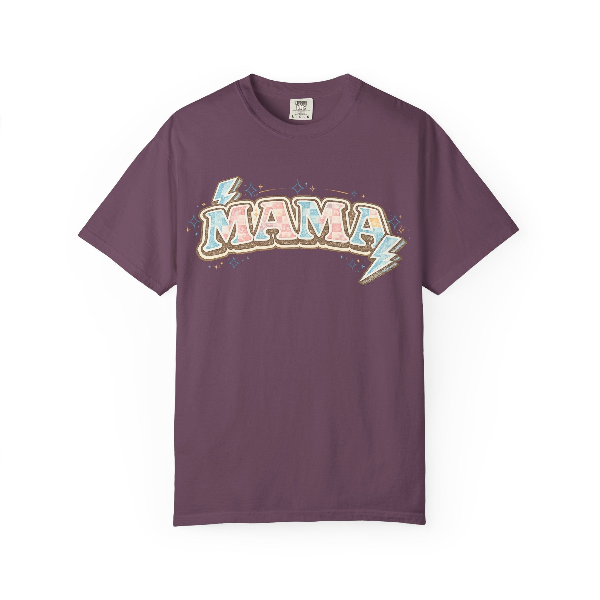 Retro "MAMA" Graphic Tee — Pink & Blue Lightning Bolt Mom Shirt - Grace & Grit Boutique