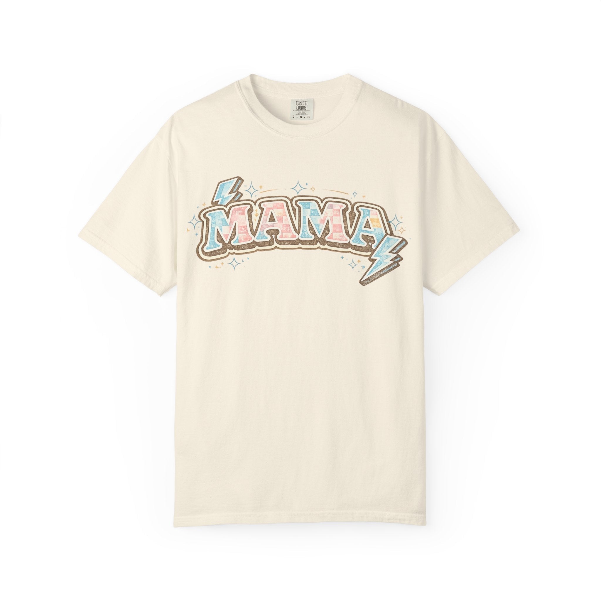 Retro "MAMA" Graphic Tee — Pink & Blue Lightning Bolt Mom Shirt - Grace & Grit Boutique