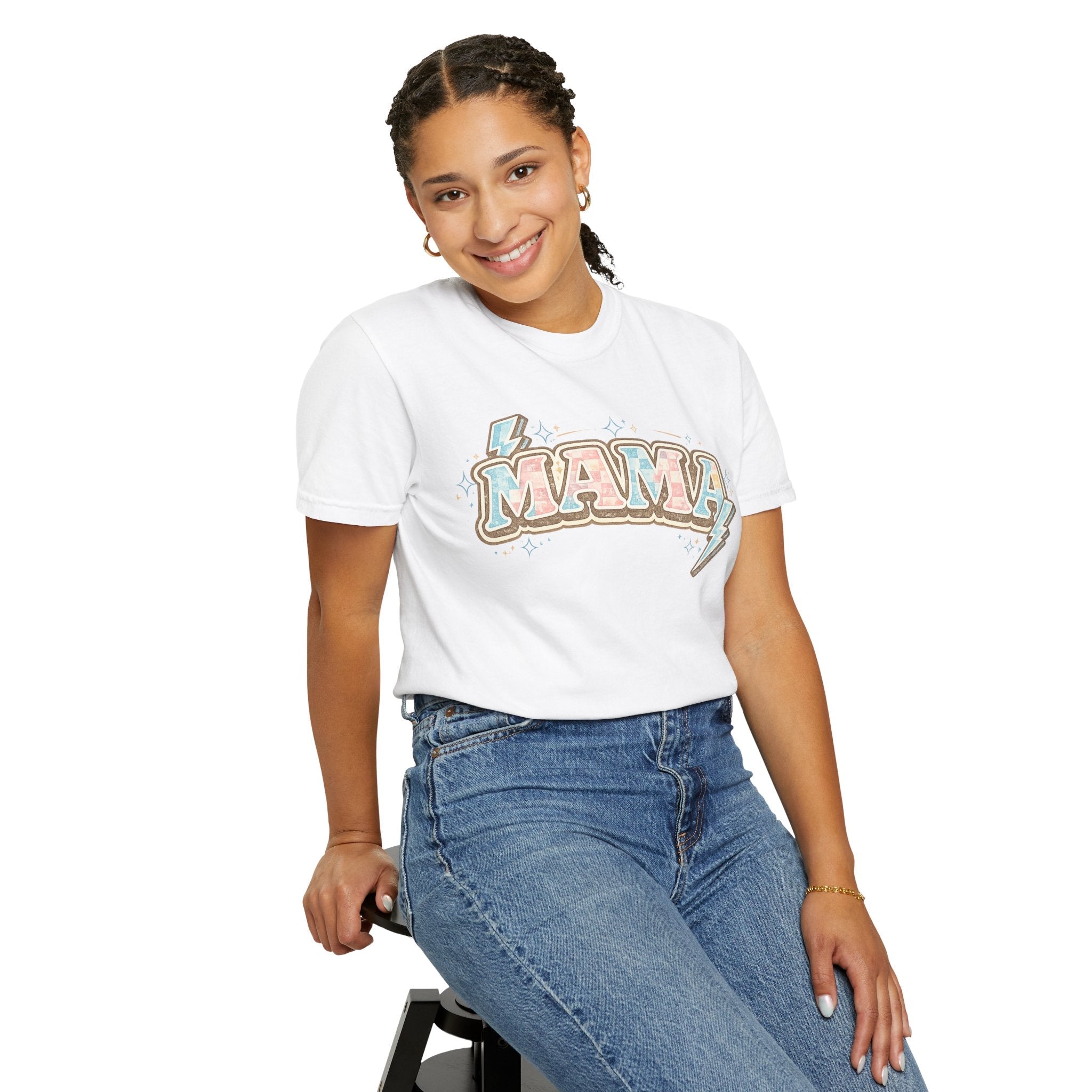 Retro "MAMA" Graphic Tee — Pink & Blue Lightning Bolt Mom Shirt - Grace & Grit Boutique