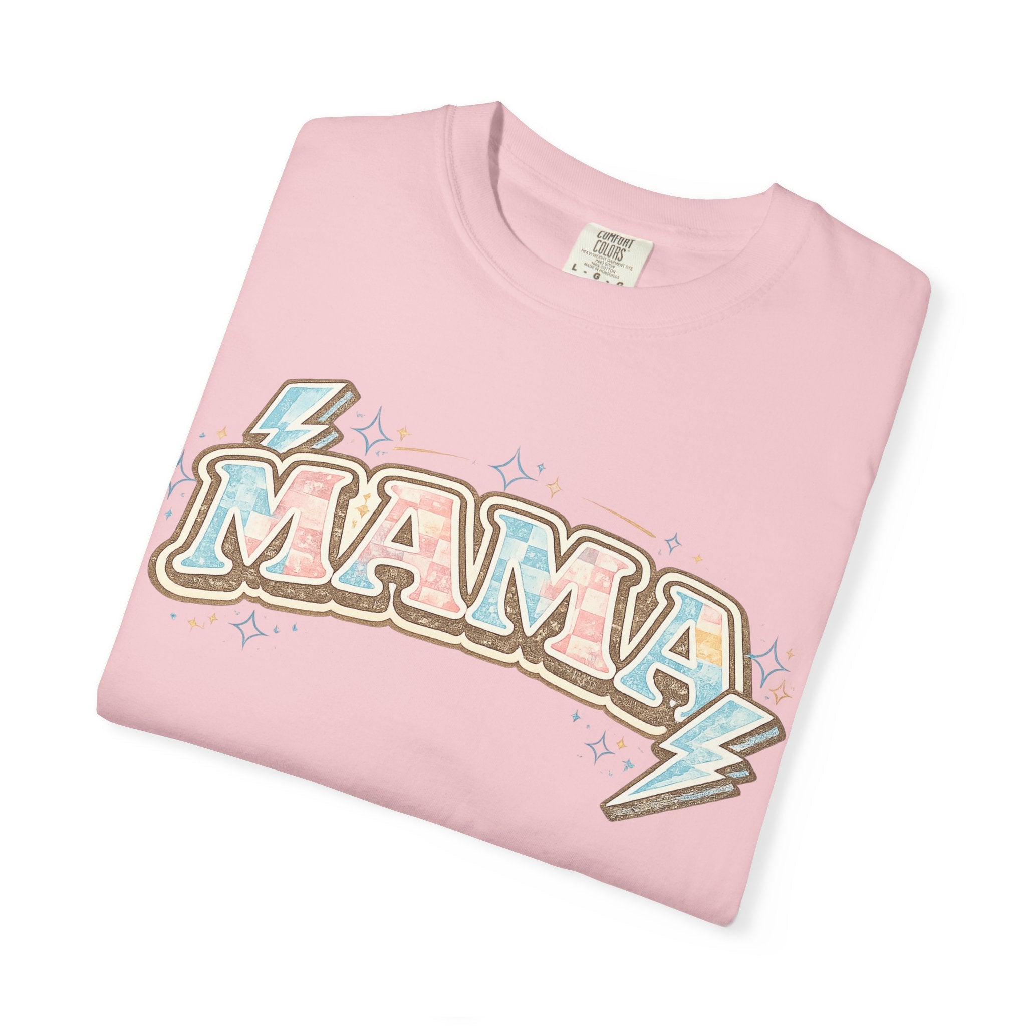 Retro "MAMA" Graphic Tee — Pink & Blue Lightning Bolt Mom Shirt - Grace & Grit Boutique