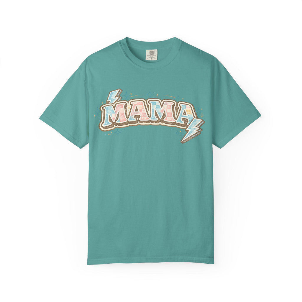 Retro "MAMA" Graphic Tee — Pink & Blue Lightning Bolt Mom Shirt - Grace & Grit Boutique
