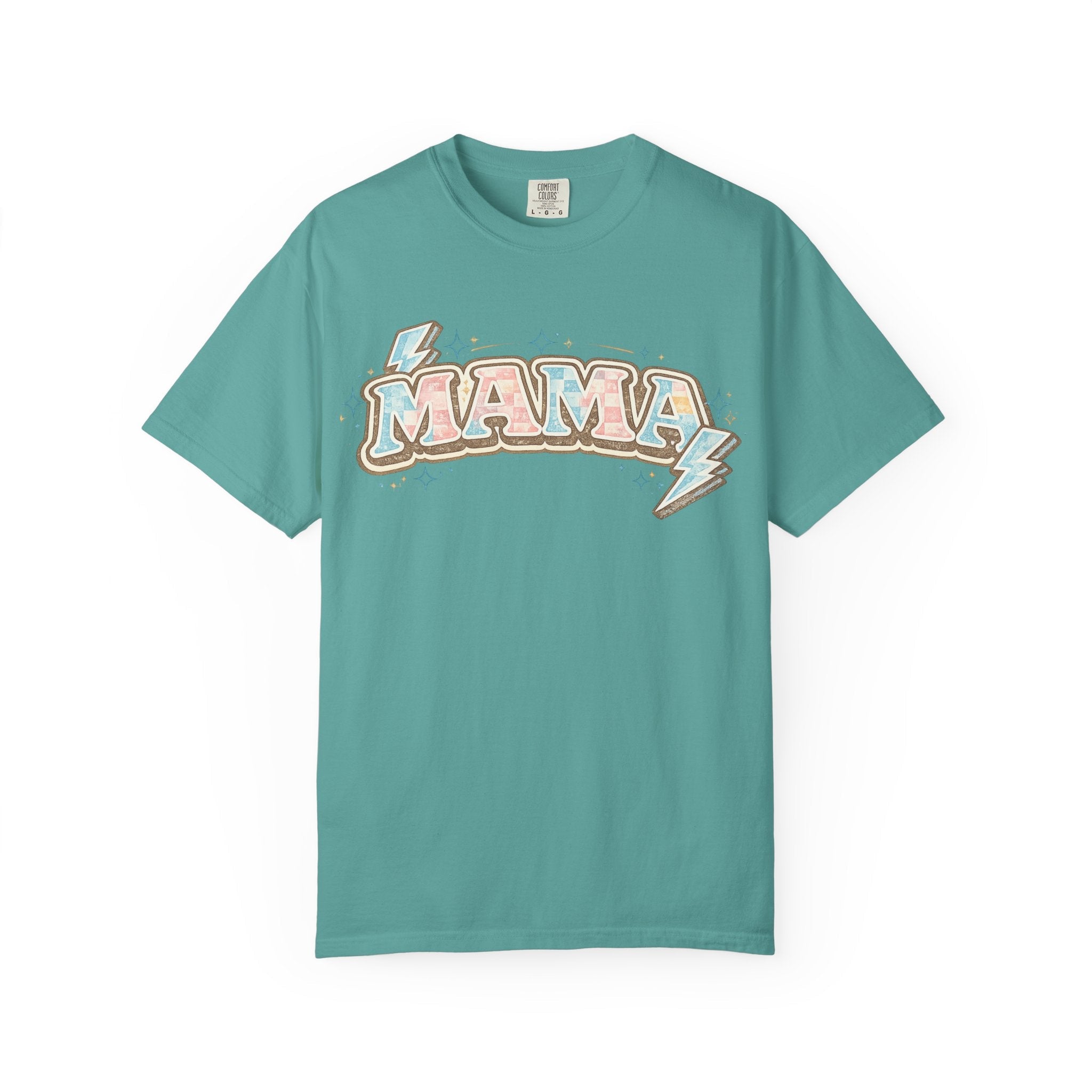 Retro "MAMA" Graphic Tee — Pink & Blue Lightning Bolt Mom Shirt - Grace & Grit Boutique