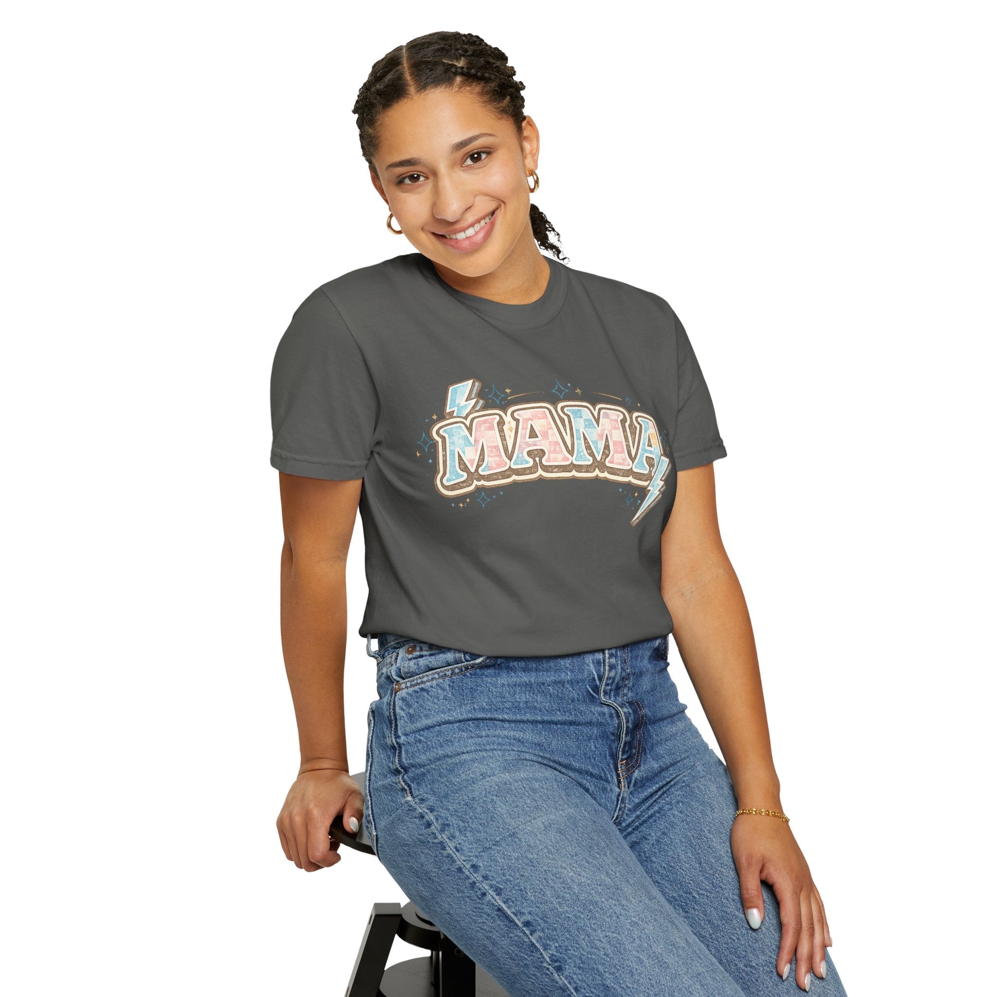 Retro "MAMA" Graphic Tee — Pink & Blue Lightning Bolt Mom Shirt - Grace & Grit Boutique
