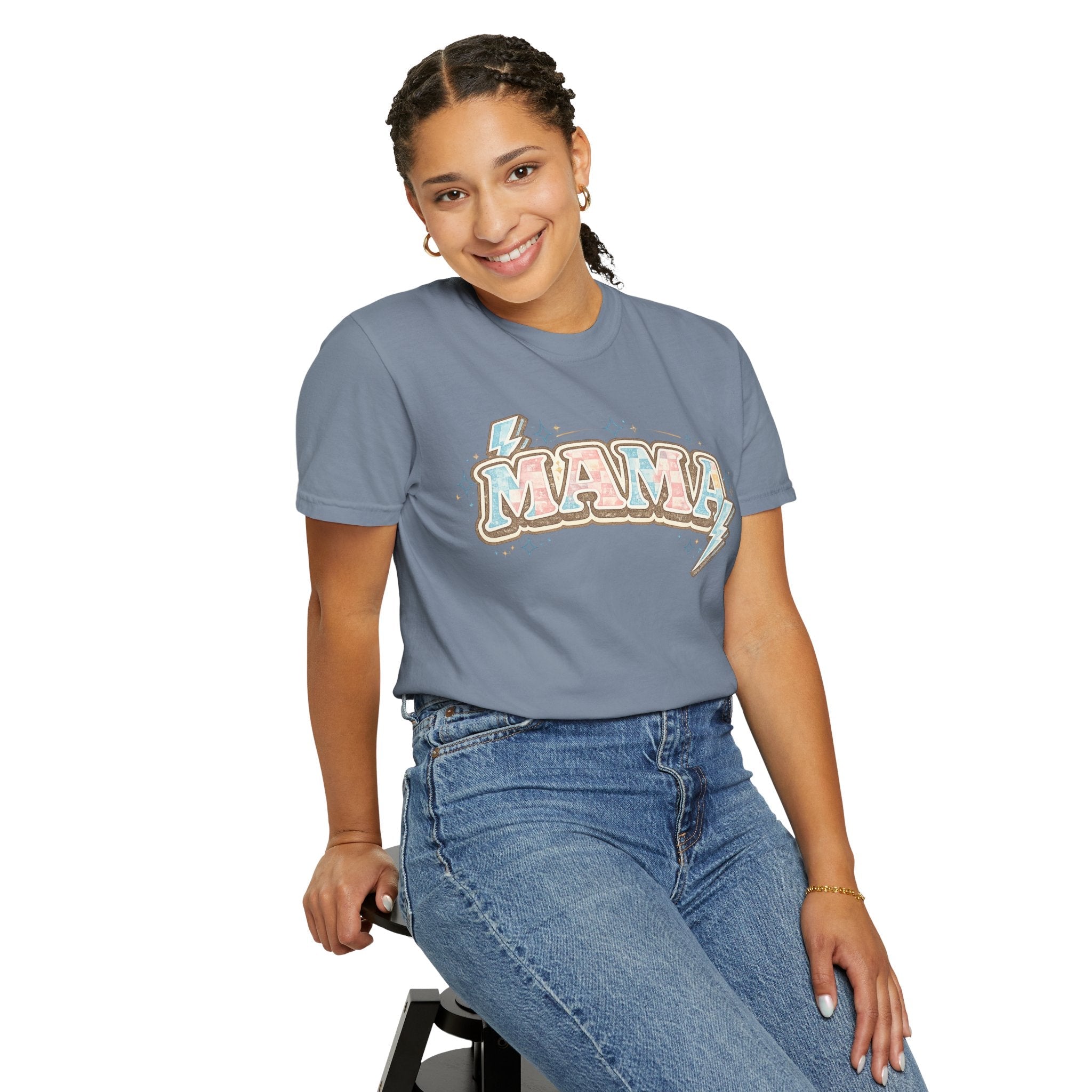 Retro "MAMA" Graphic Tee — Pink & Blue Lightning Bolt Mom Shirt - Grace & Grit Boutique