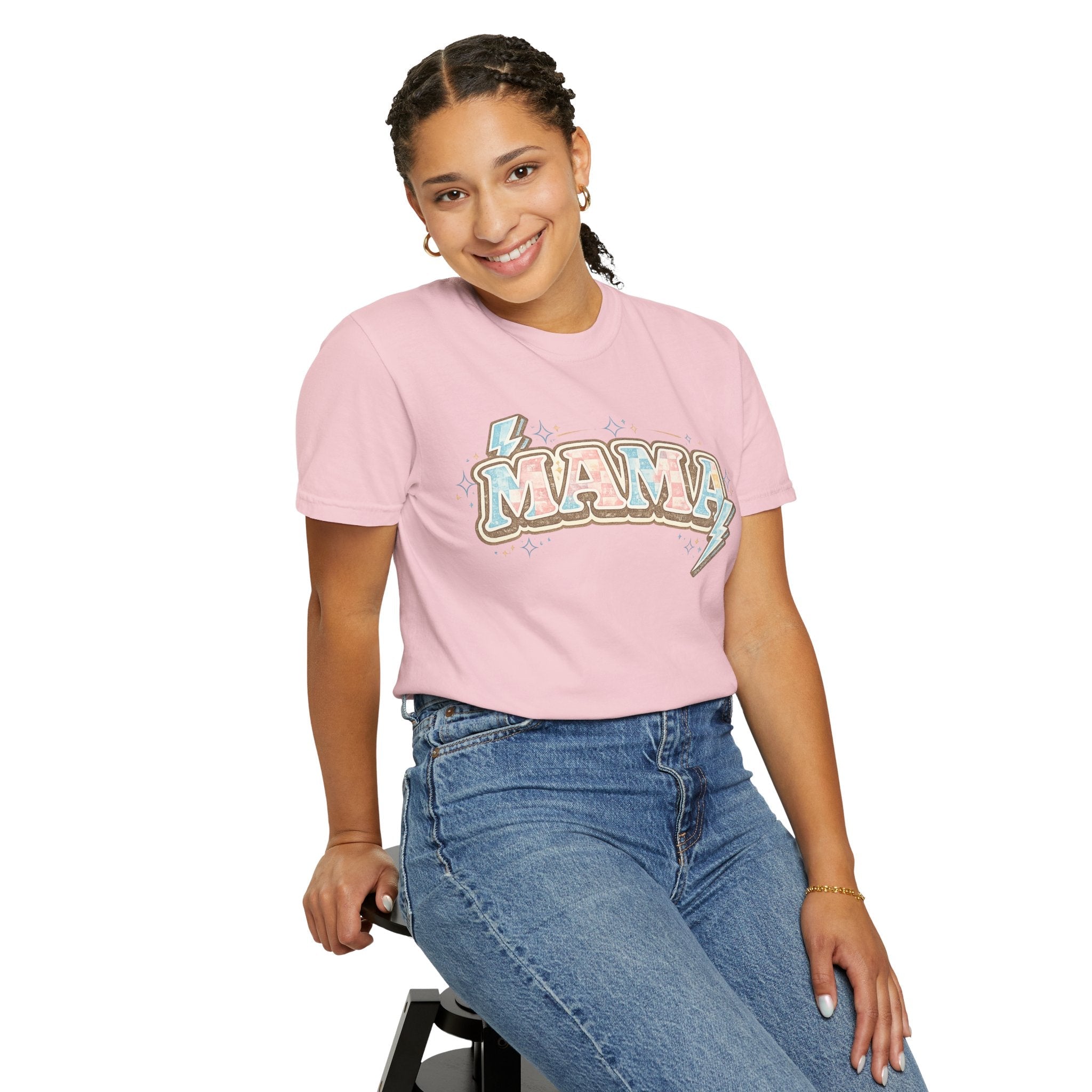Retro "MAMA" Graphic Tee — Pink & Blue Lightning Bolt Mom Shirt - Grace & Grit Boutique