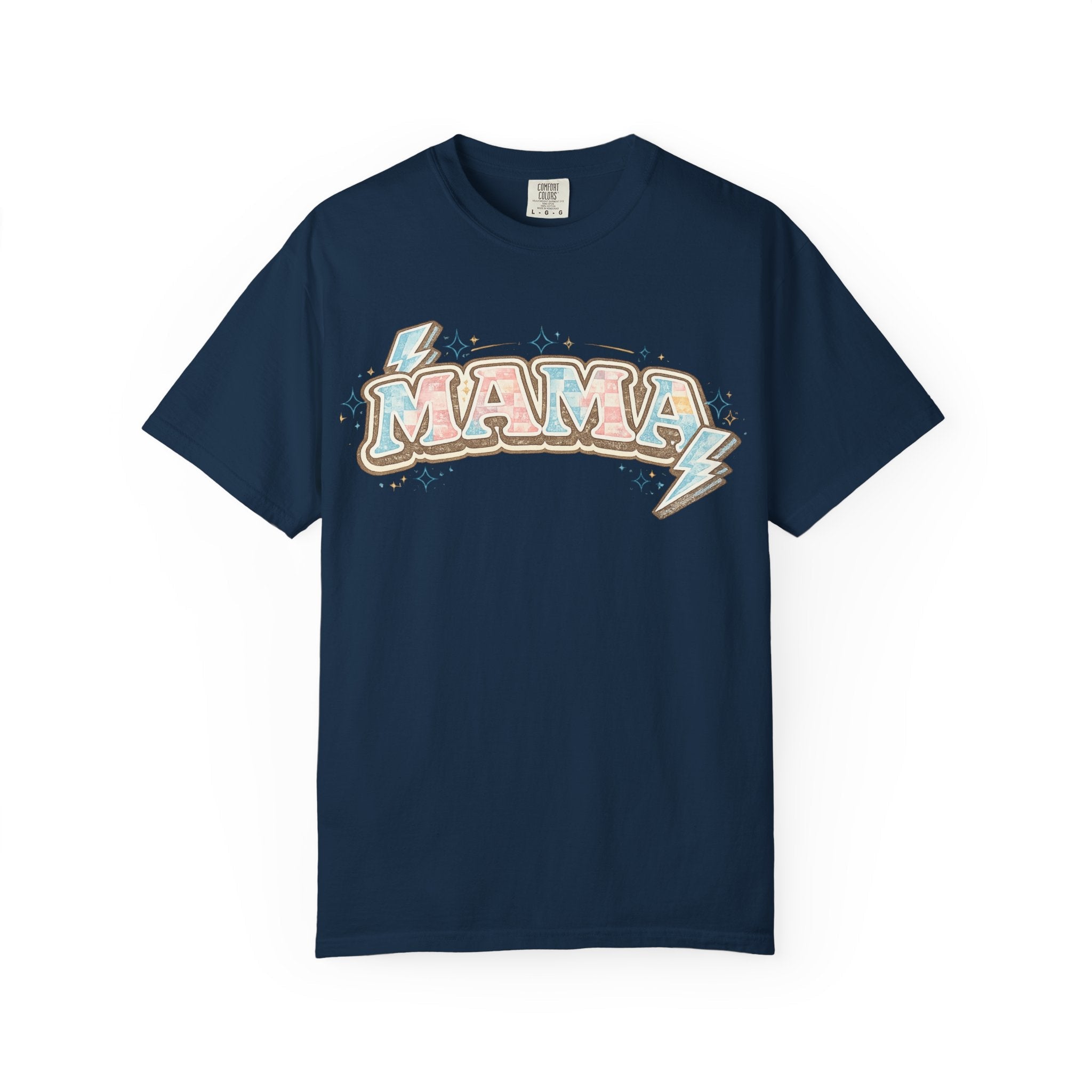 Retro "MAMA" Graphic Tee — Pink & Blue Lightning Bolt Mom Shirt - Grace & Grit Boutique