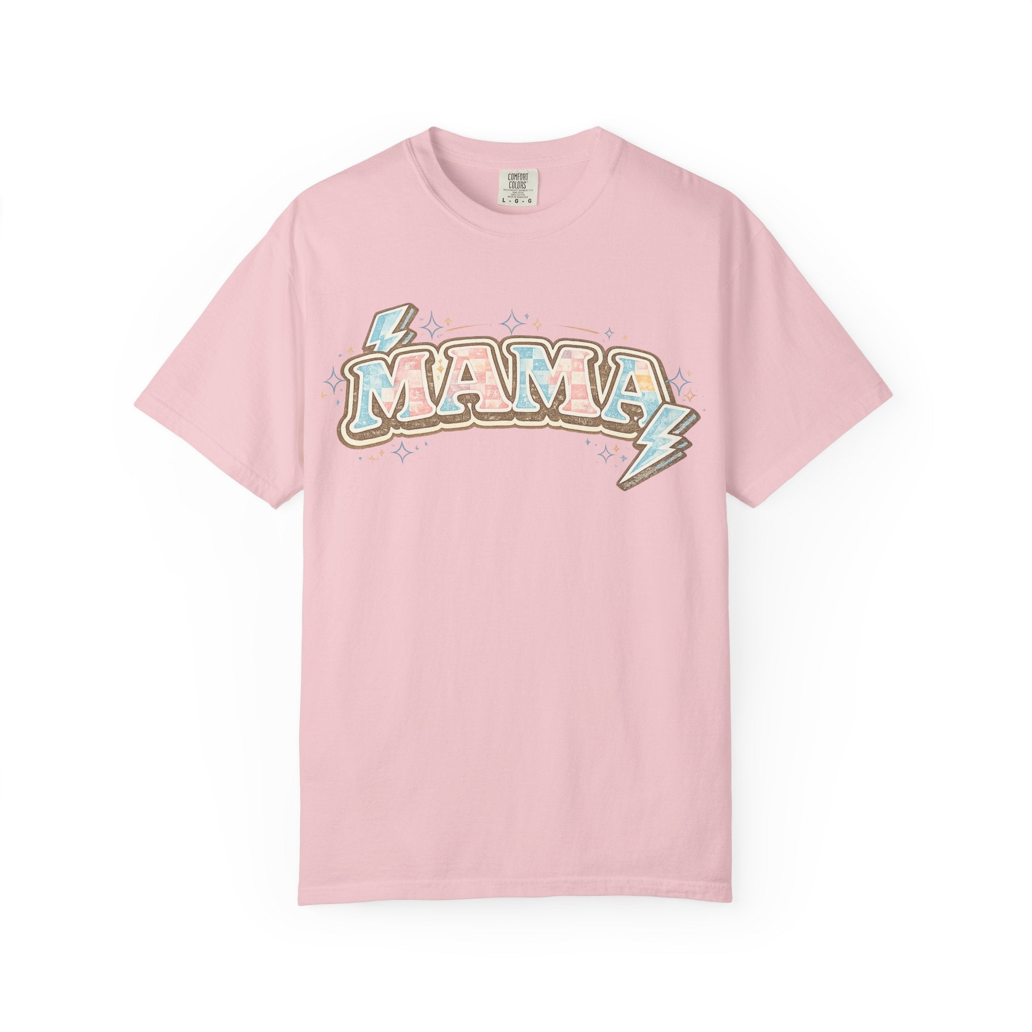 Retro "MAMA" Graphic Tee — Pink & Blue Lightning Bolt Mom Shirt - Grace & Grit Boutique