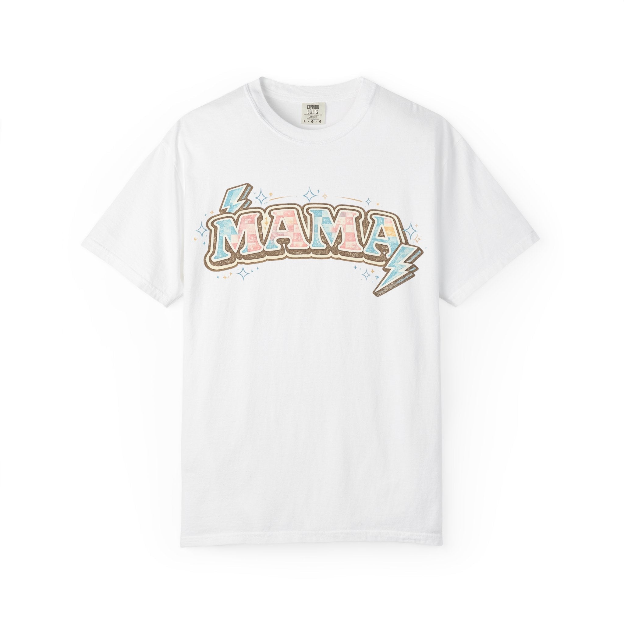 Retro "MAMA" Graphic Tee — Pink & Blue Lightning Bolt Mom Shirt - Grace & Grit Boutique