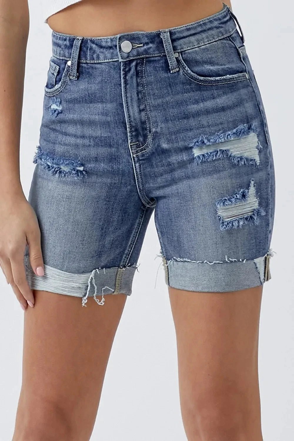 RISEN Full Size Distressed Rolled Denim Shorts with Pockets - Grace & Grit Boutique