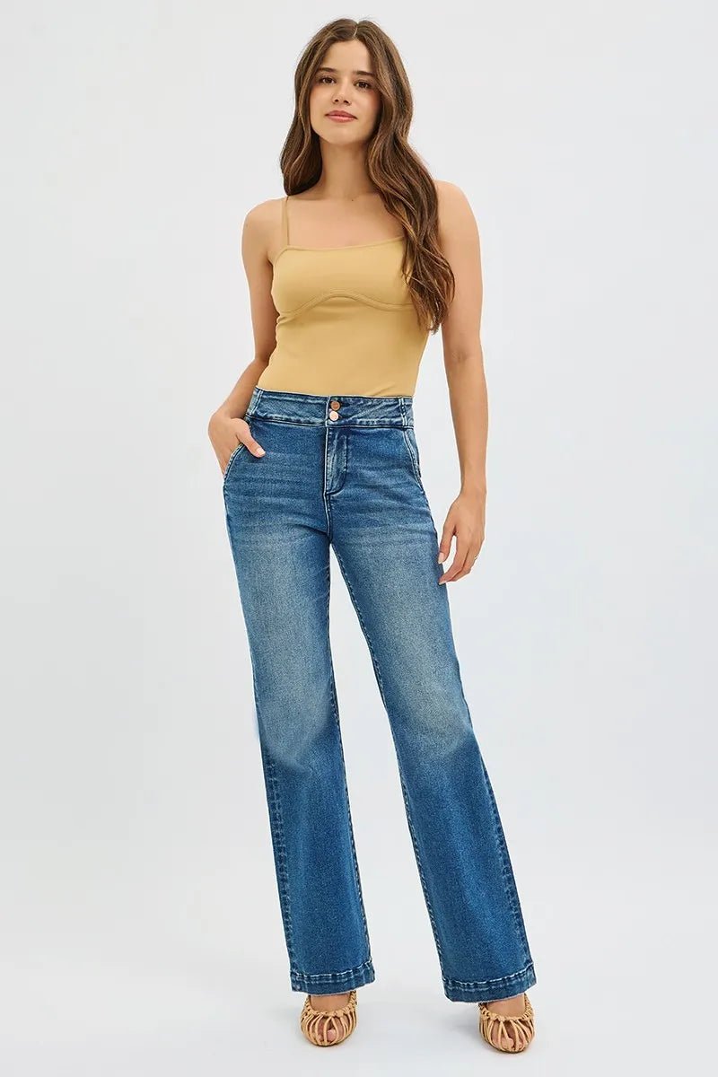 RISEN Full Size Tummy Control High Rise Bootcut Jeans with Double Button Waistband Plus Size - Grace & Grit Boutique