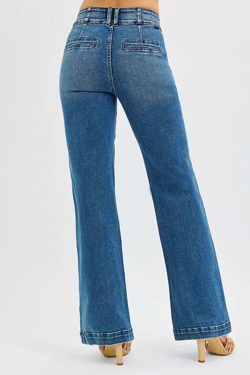 RISEN Full Size Tummy Control High Rise Bootcut Jeans with Double Button Waistband Plus Size - Grace & Grit Boutique