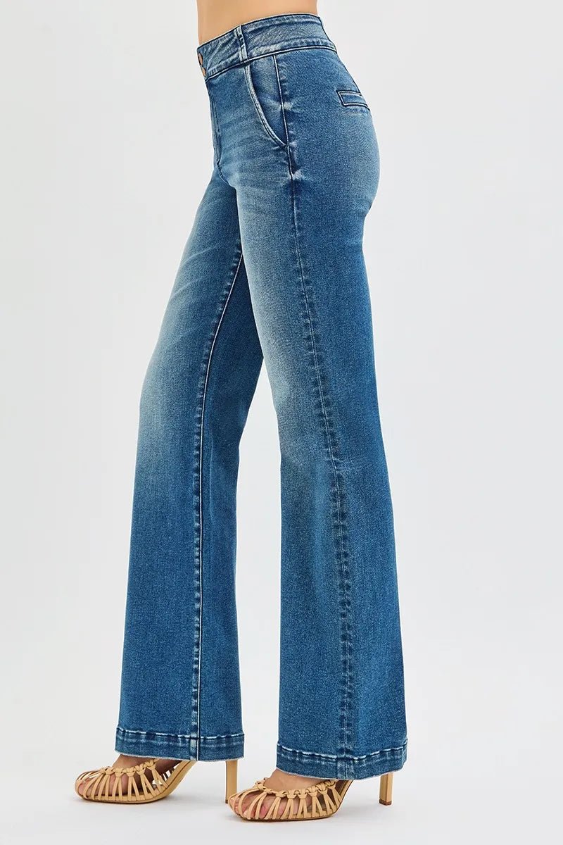 RISEN Full Size Tummy Control High Rise Bootcut Jeans with Double Button Waistband Plus Size - Grace & Grit Boutique