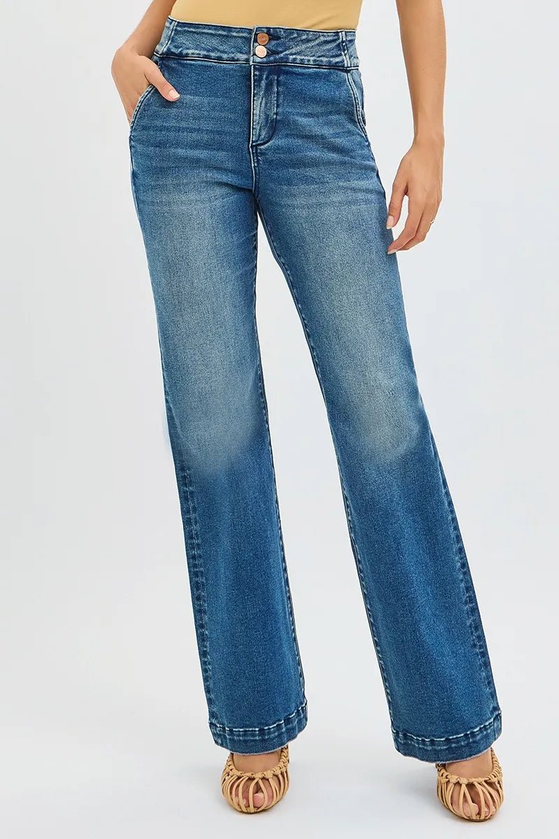 RISEN Full Size Tummy Control High Rise Bootcut Jeans with Double Button Waistband Plus Size - Grace & Grit Boutique