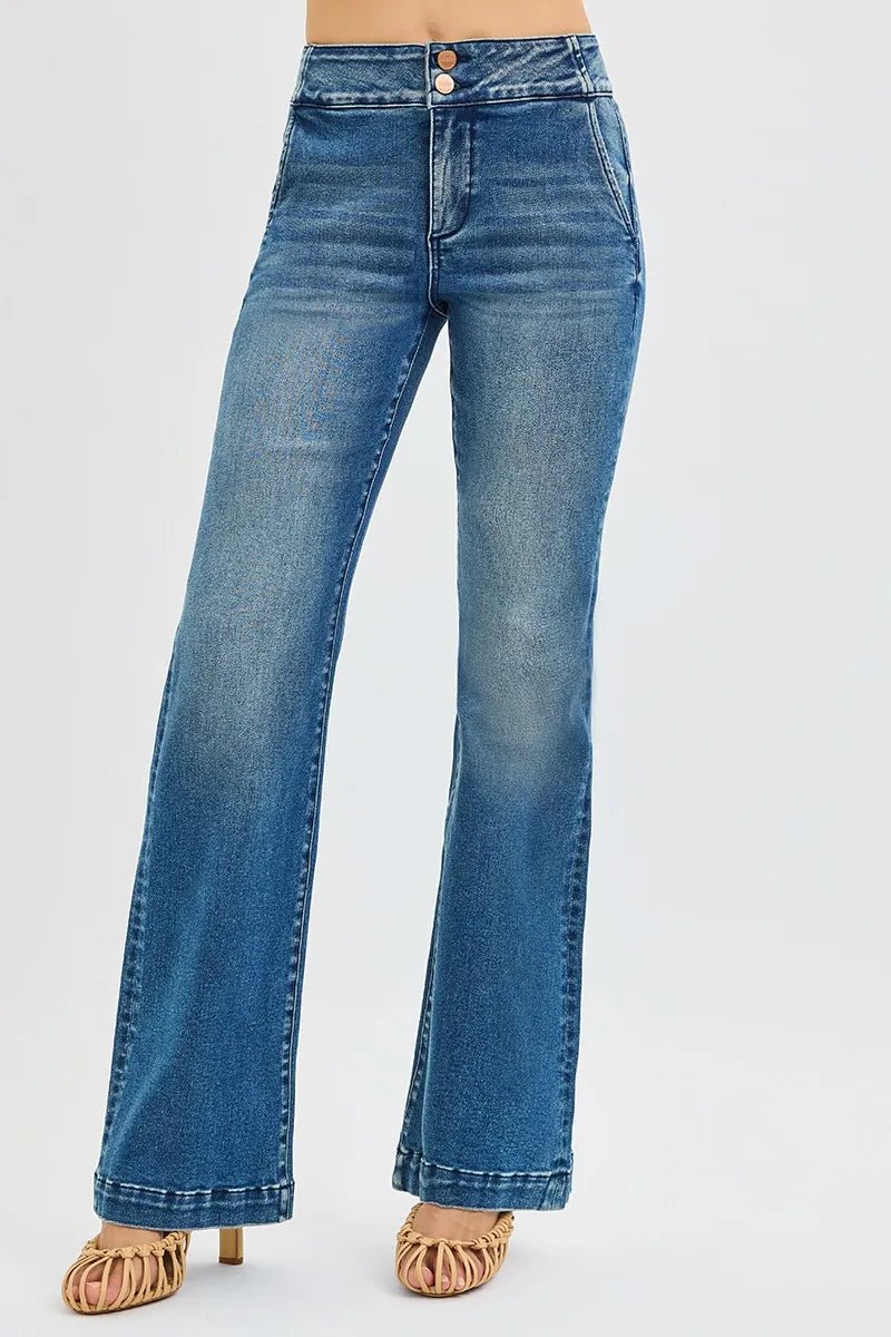 RISEN Full Size Tummy Control High Rise Bootcut Jeans with Double Button Waistband Plus Size - Grace & Grit Boutique