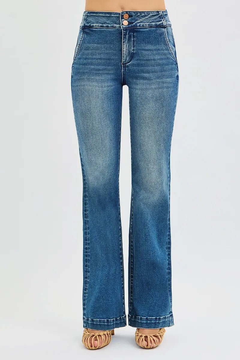RISEN Full Size Tummy Control High Rise Bootcut Jeans with Double Button Waistband Plus Size - Grace & Grit Boutique