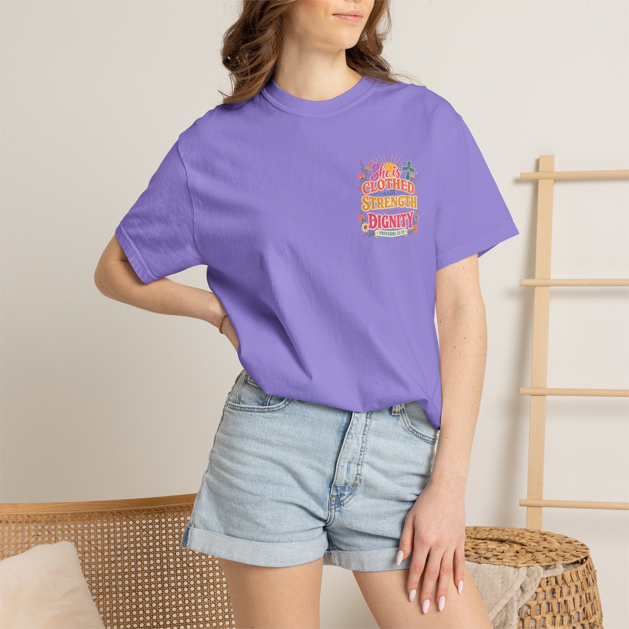 She Is Clothed With Strength & Dignity T-Shirt — Inspirational Proverbs 31:25 Christian Tee - Grace & Grit Boutique