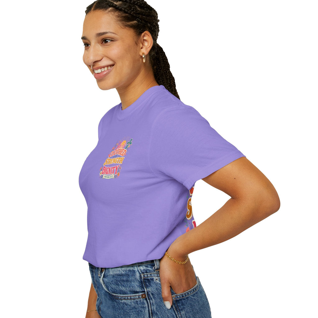 She Is Clothed With Strength & Dignity T-Shirt — Inspirational Proverbs 31:25 Christian Tee - Grace & Grit Boutique