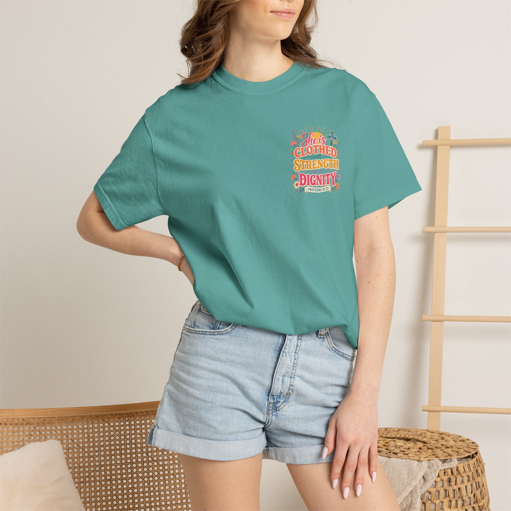 She Is Clothed With Strength & Dignity T-Shirt — Inspirational Proverbs 31:25 Christian Tee - Grace & Grit Boutique