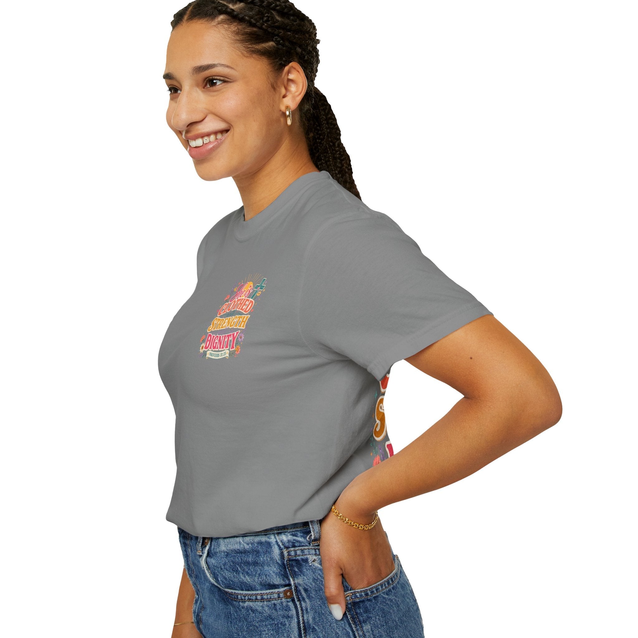 She Is Clothed With Strength & Dignity T-Shirt — Inspirational Proverbs 31:25 Christian Tee - Grace & Grit Boutique