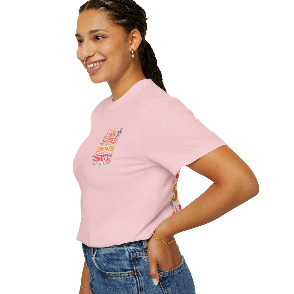 She Is Clothed With Strength & Dignity T-Shirt — Inspirational Proverbs 31:25 Christian Tee - Grace & Grit Boutique