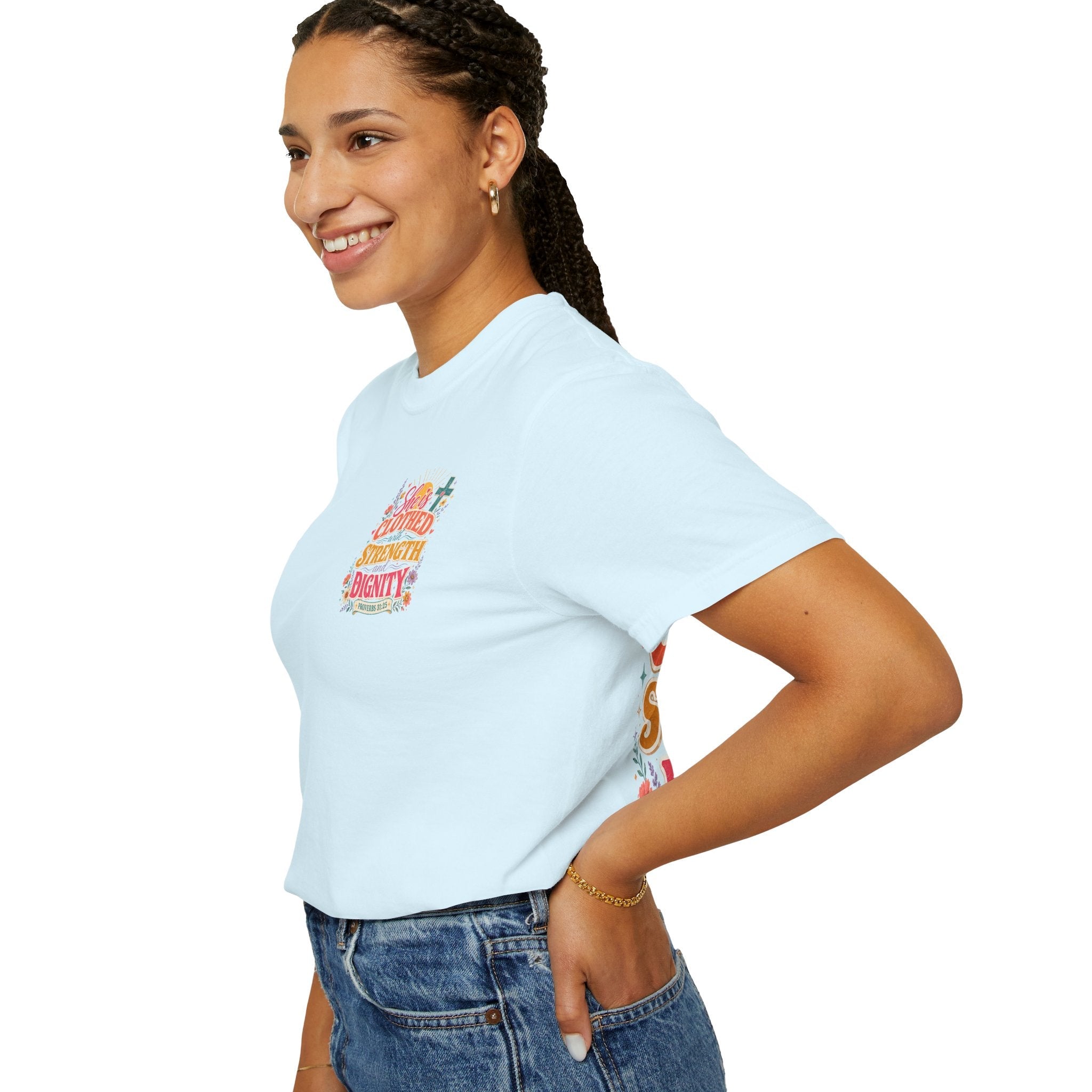She Is Clothed With Strength & Dignity T-Shirt — Inspirational Proverbs 31:25 Christian Tee - Grace & Grit Boutique