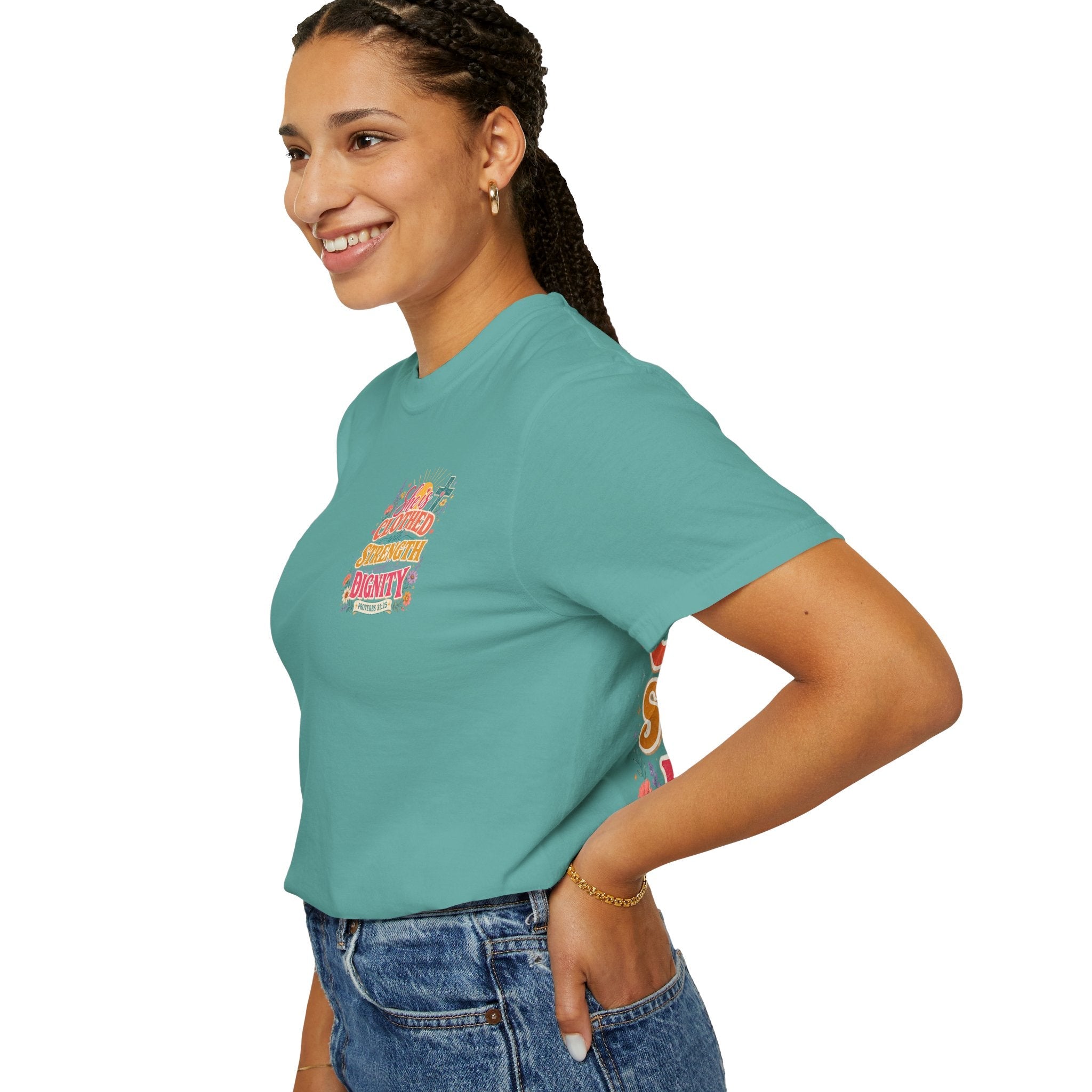 She Is Clothed With Strength & Dignity T-Shirt — Inspirational Proverbs 31:25 Christian Tee - Grace & Grit Boutique