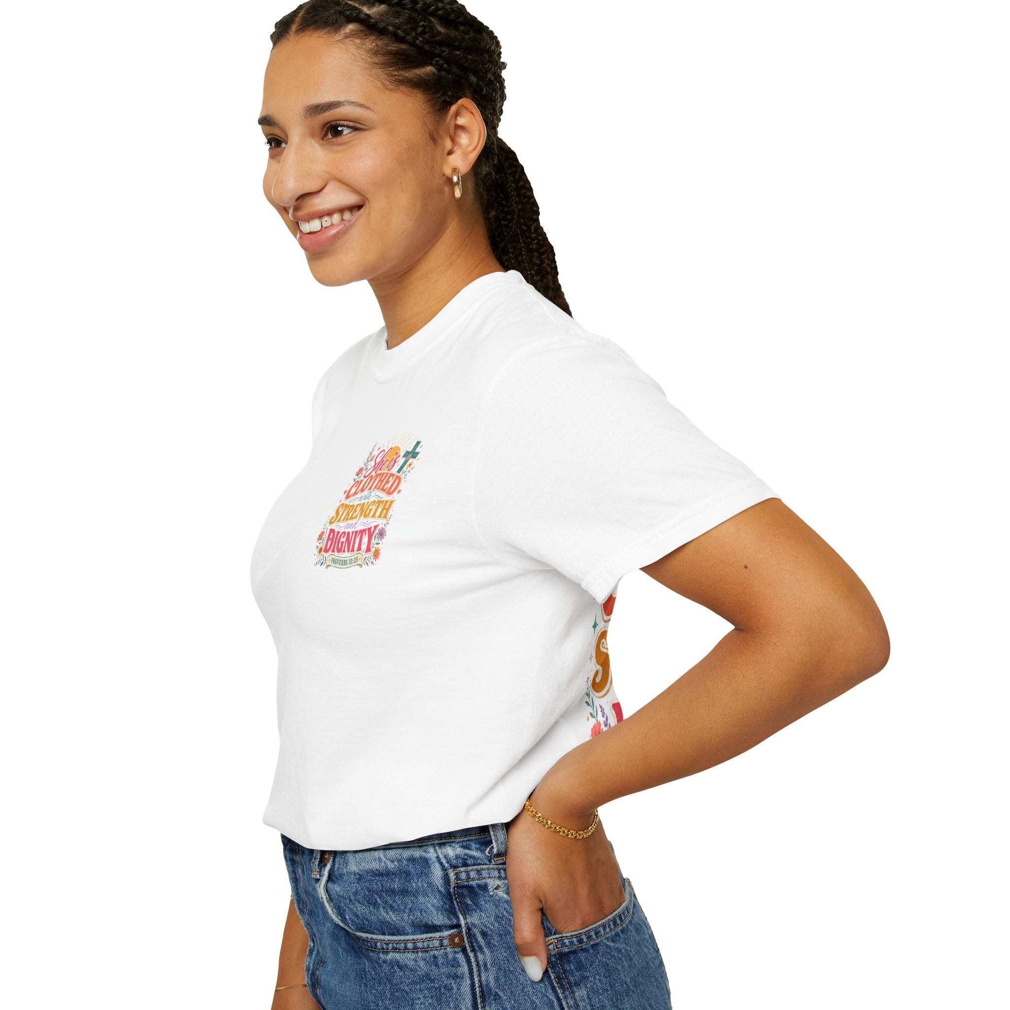 She Is Clothed With Strength & Dignity T-Shirt — Inspirational Proverbs 31:25 Christian Tee - Grace & Grit Boutique