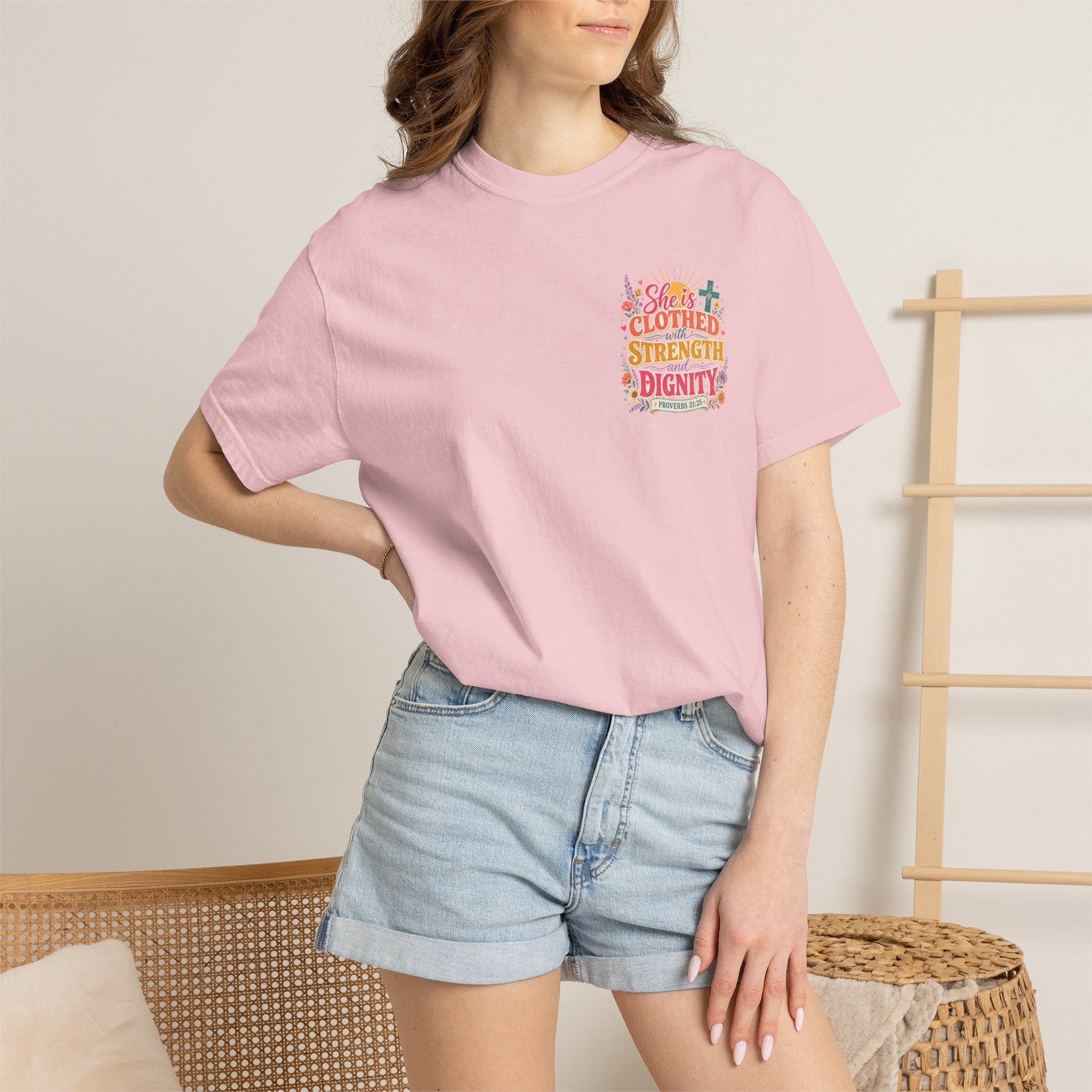 She Is Clothed With Strength & Dignity T-Shirt — Inspirational Proverbs 31:25 Christian Tee - Grace & Grit Boutique
