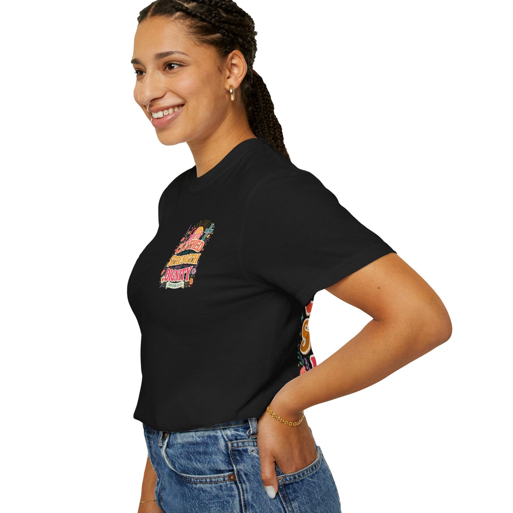 She Is Clothed With Strength & Dignity T-Shirt — Inspirational Proverbs 31:25 Christian Tee - Grace & Grit Boutique