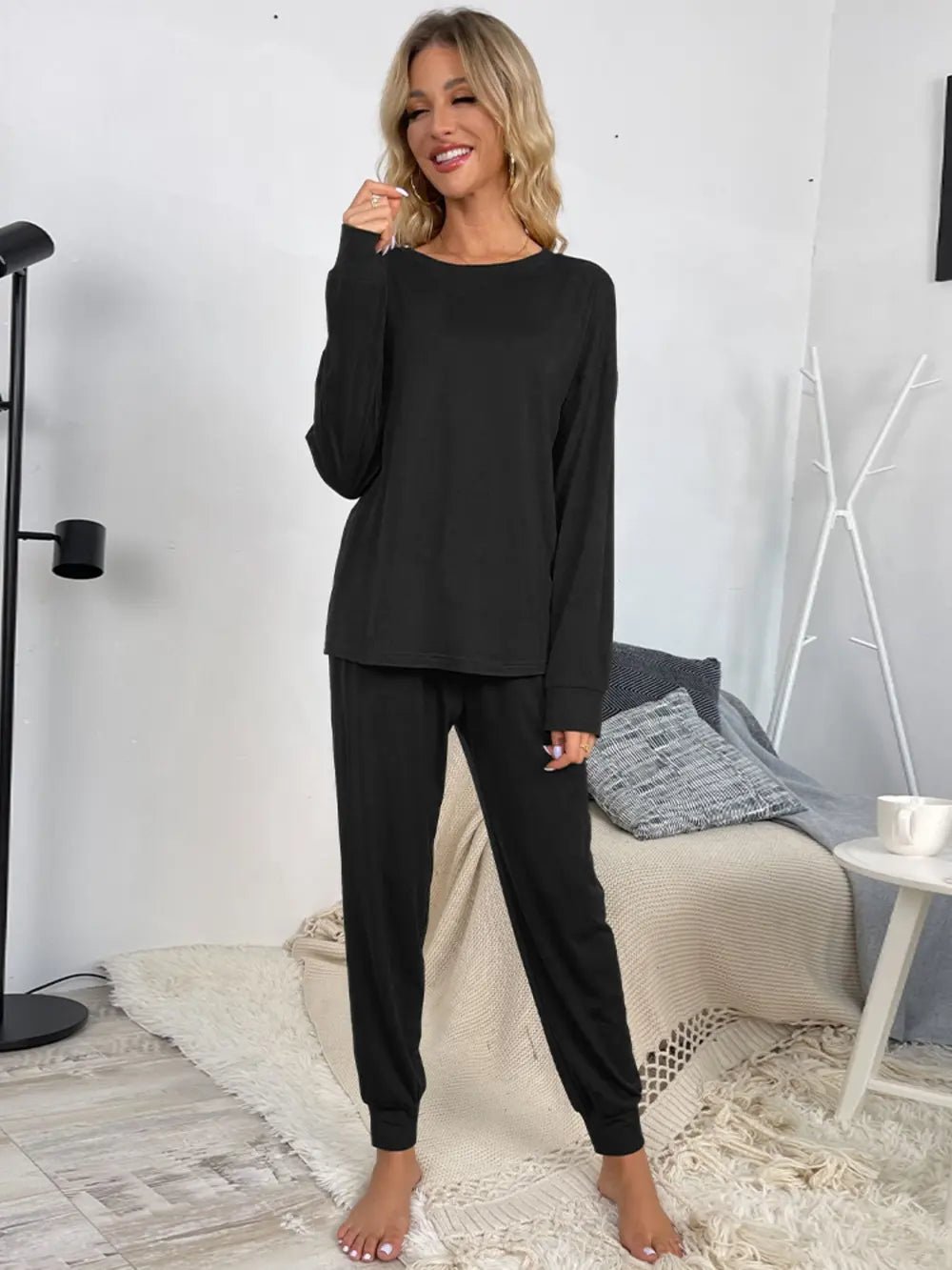 Shiny Round Neck Top and Drawstring Pants Lounge Set - Grace & Grit Boutique