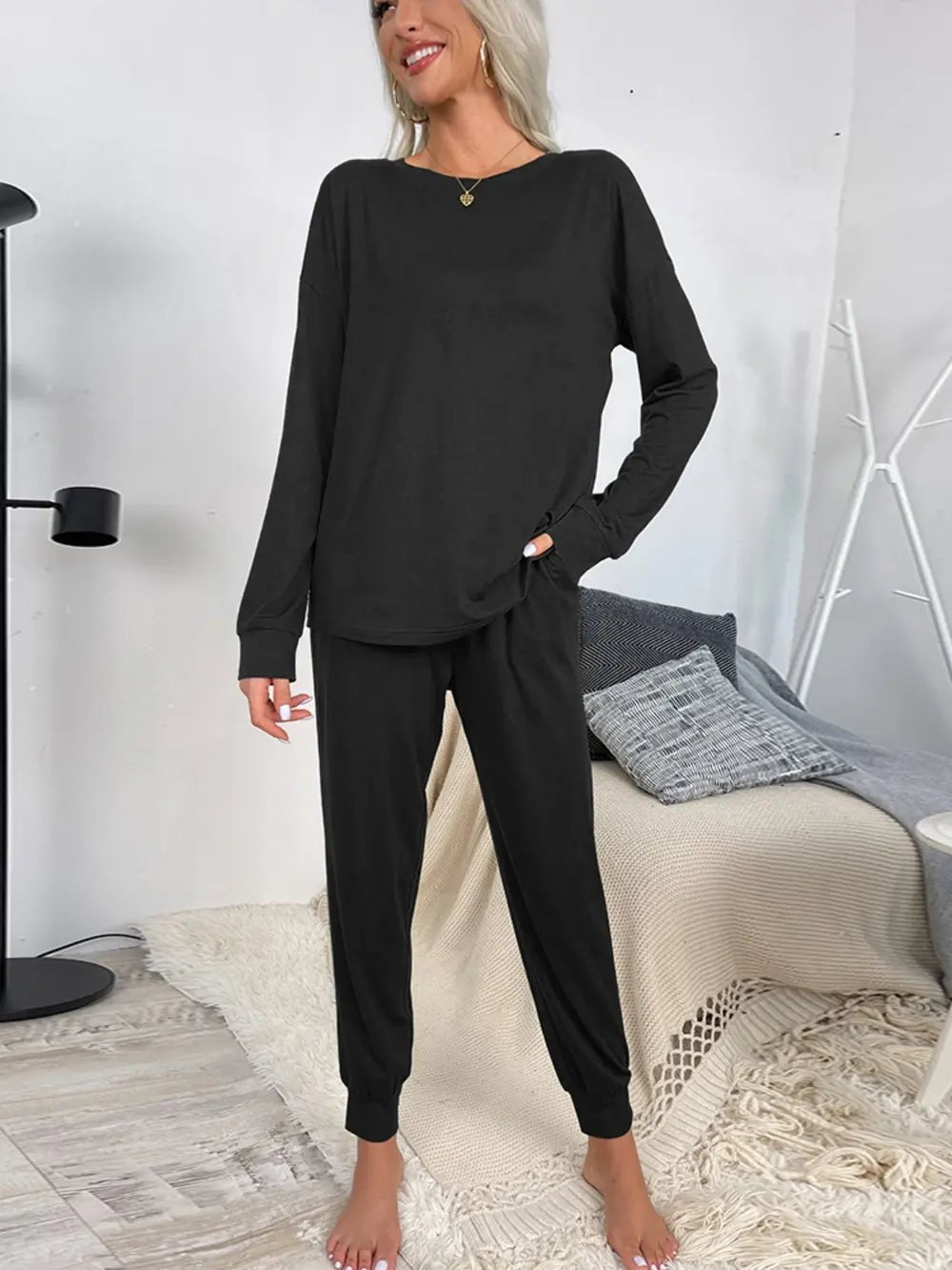 Shiny Round Neck Top and Drawstring Pants Lounge Set - Grace & Grit Boutique