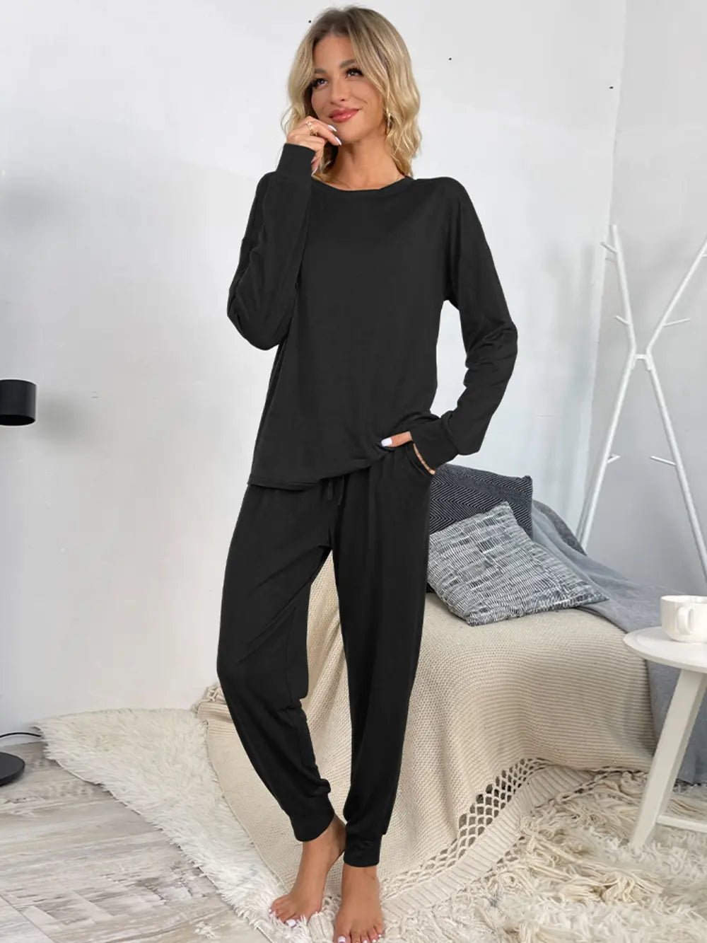 Shiny Round Neck Top and Drawstring Pants Lounge Set - Grace & Grit Boutique