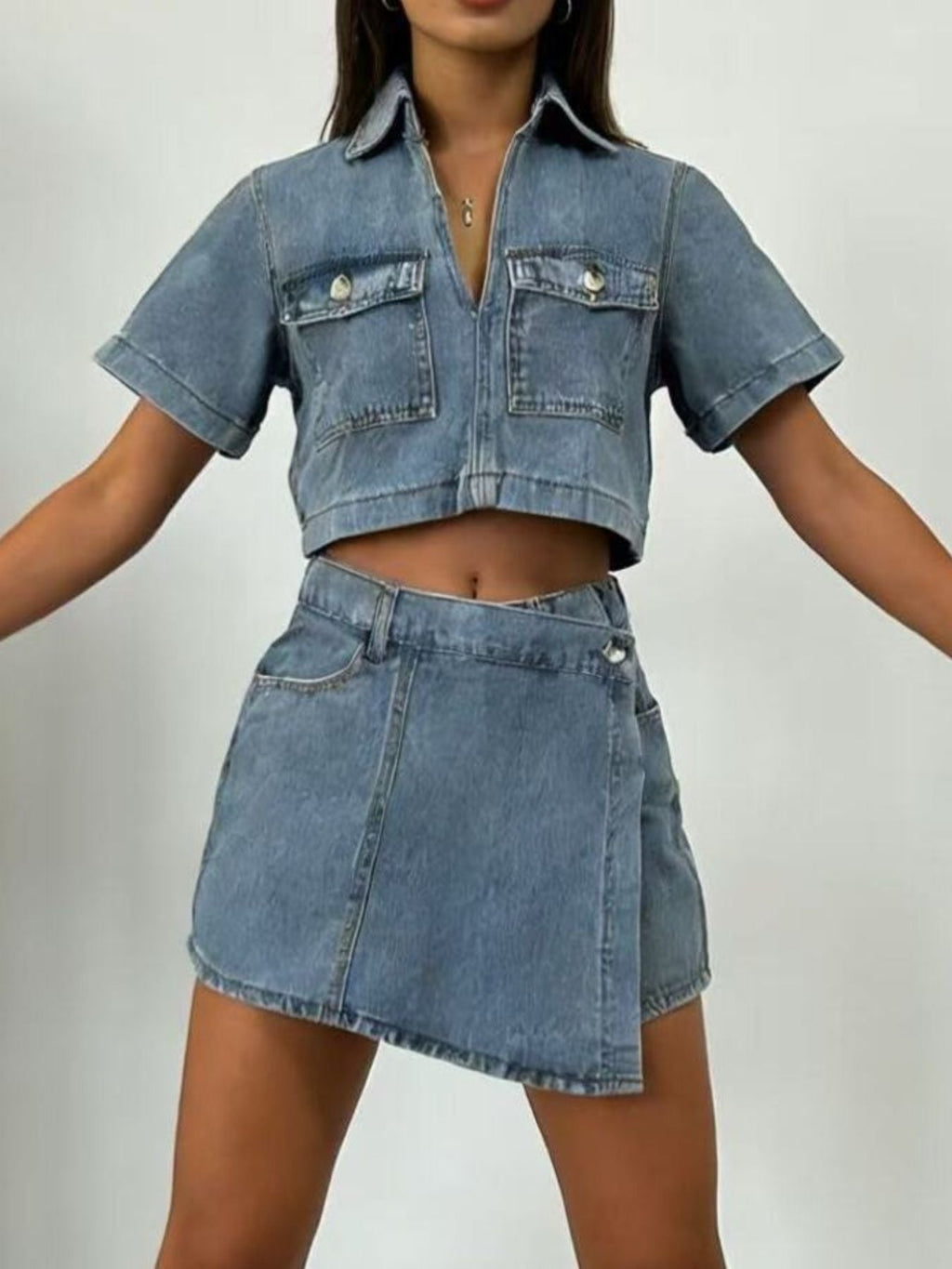 Short Sleeve Cropped Top and Skort Denim Set - Grace & Grit Boutique