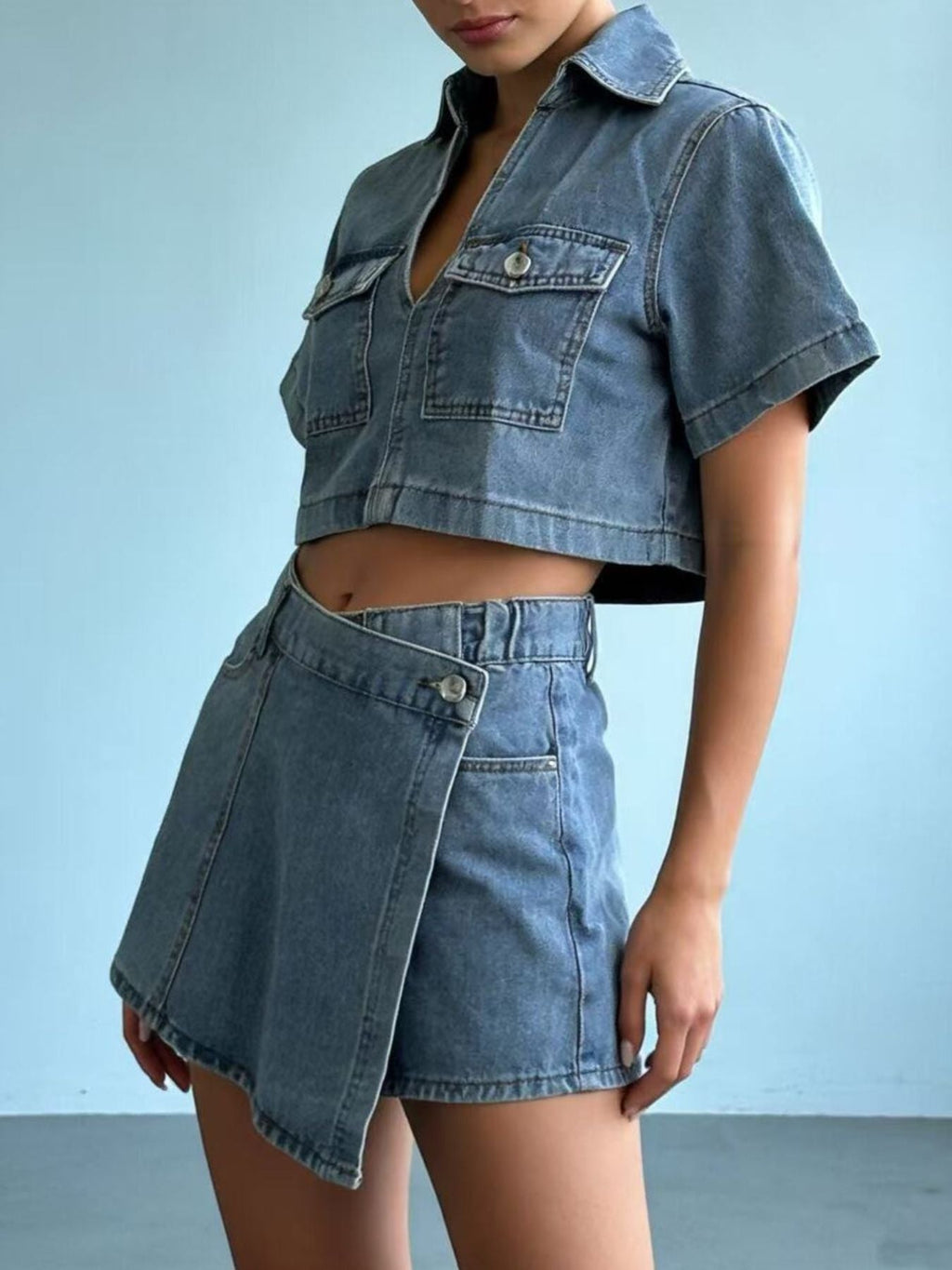 Short Sleeve Cropped Top and Skort Denim Set - Grace & Grit Boutique