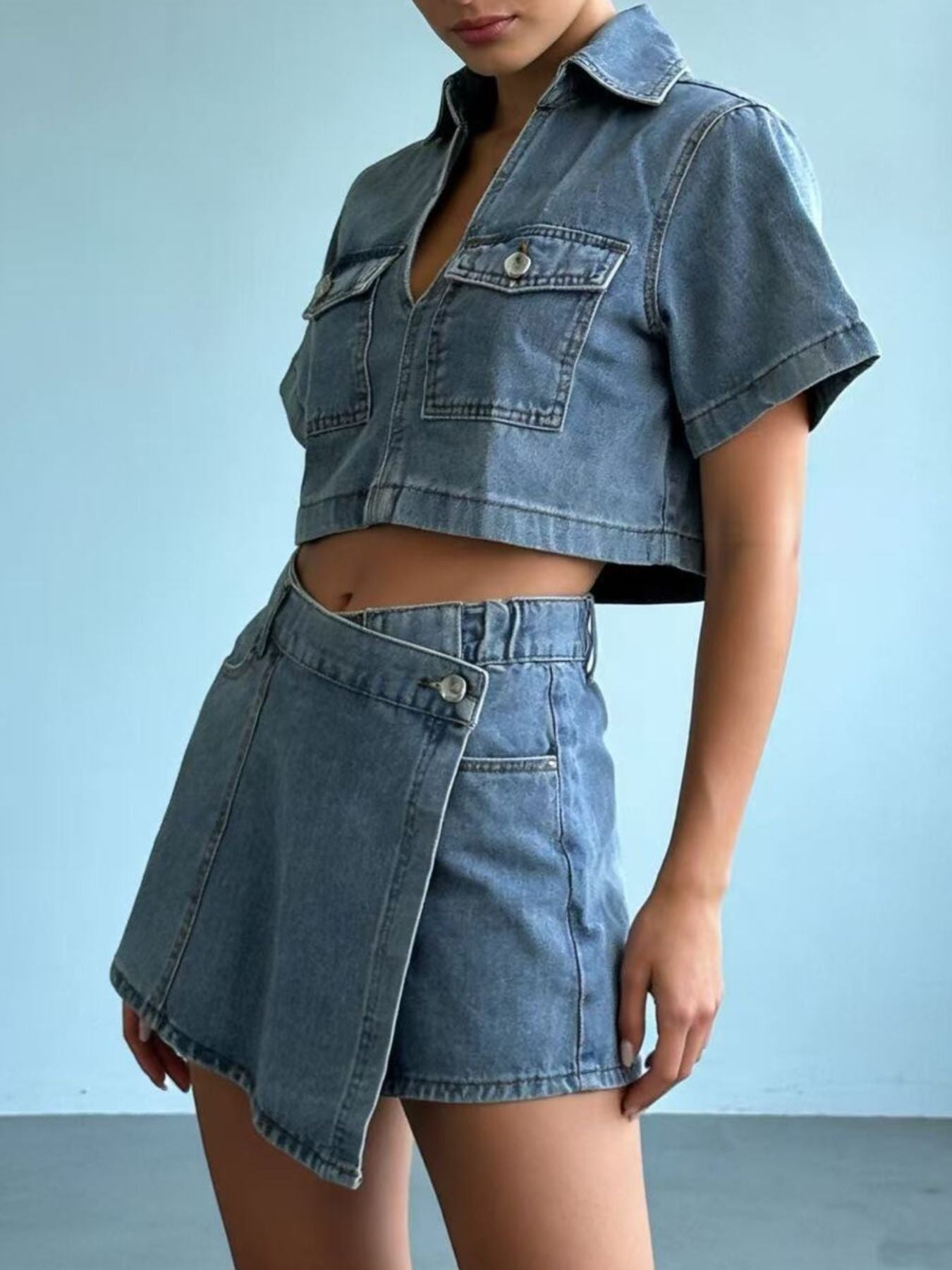 Short Sleeve Cropped Top and Skort Denim Set - Grace & Grit Boutique