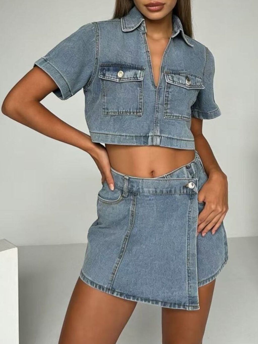 Short Sleeve Cropped Top and Skort Denim Set - Grace & Grit Boutique