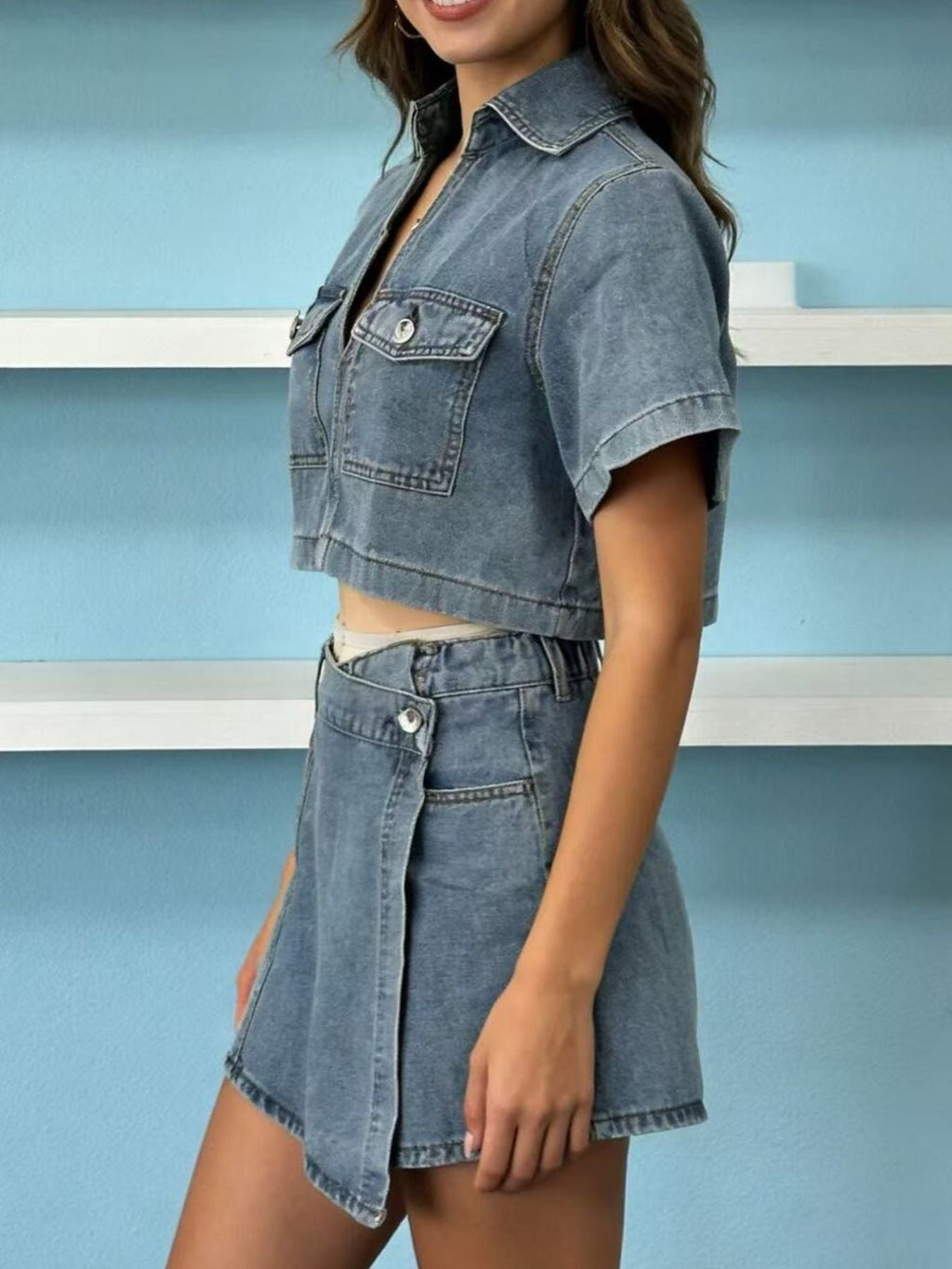 Short Sleeve Cropped Top and Skort Denim Set - Grace & Grit Boutique