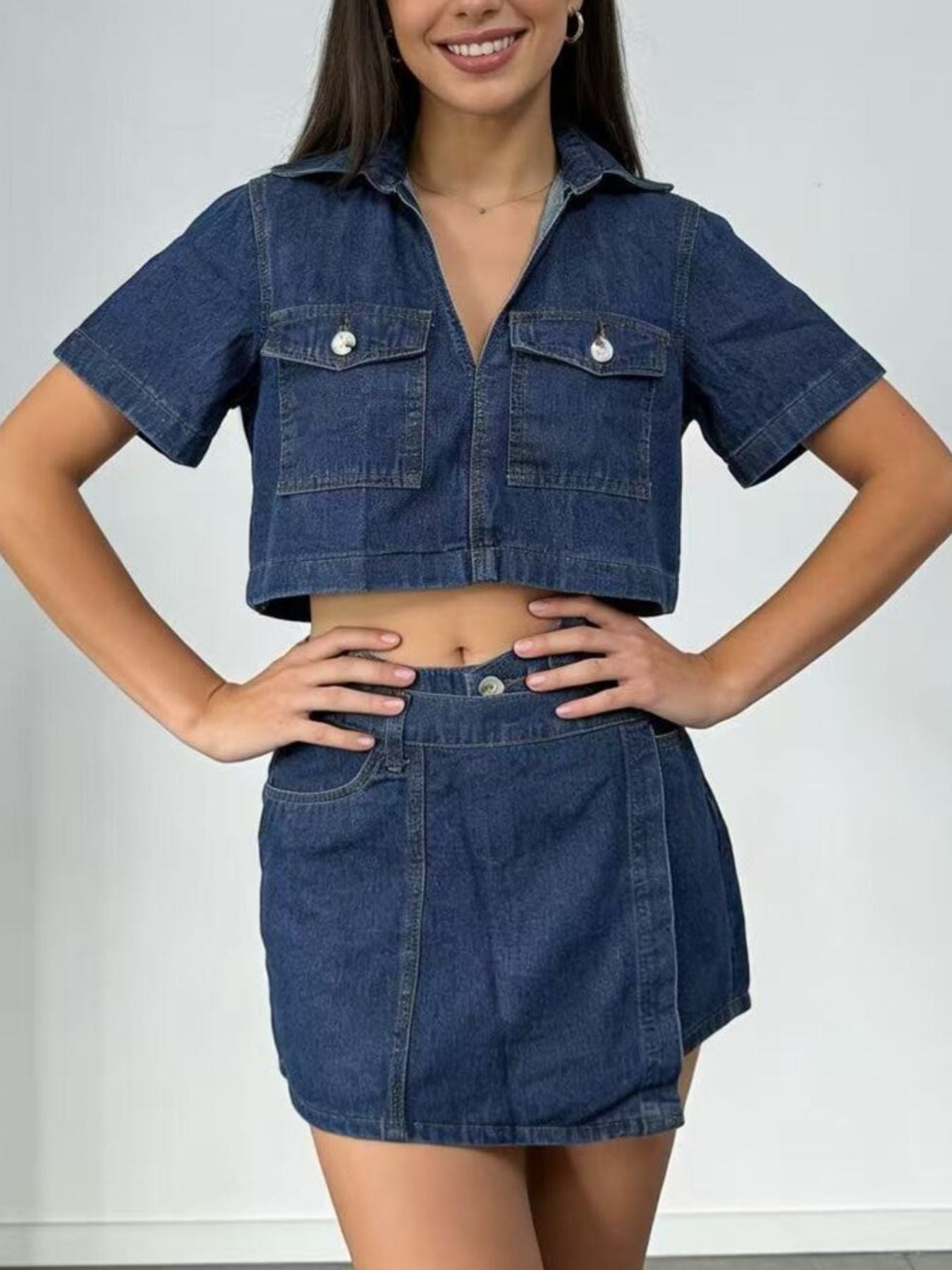 Short Sleeve Cropped Top and Skort Denim Set - Grace & Grit Boutique