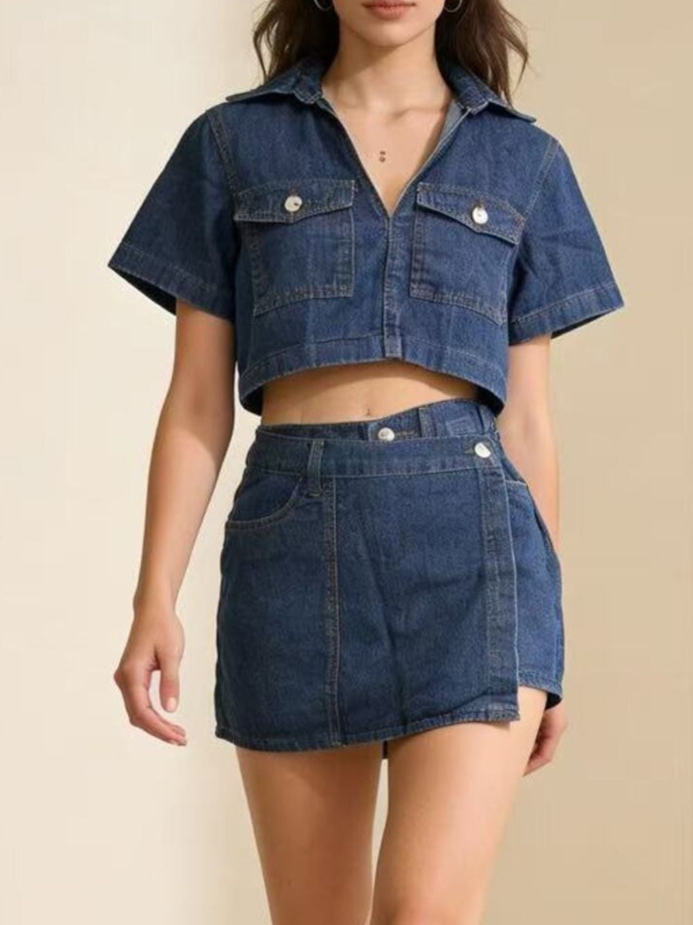Short Sleeve Cropped Top and Skort Denim Set - Grace & Grit Boutique