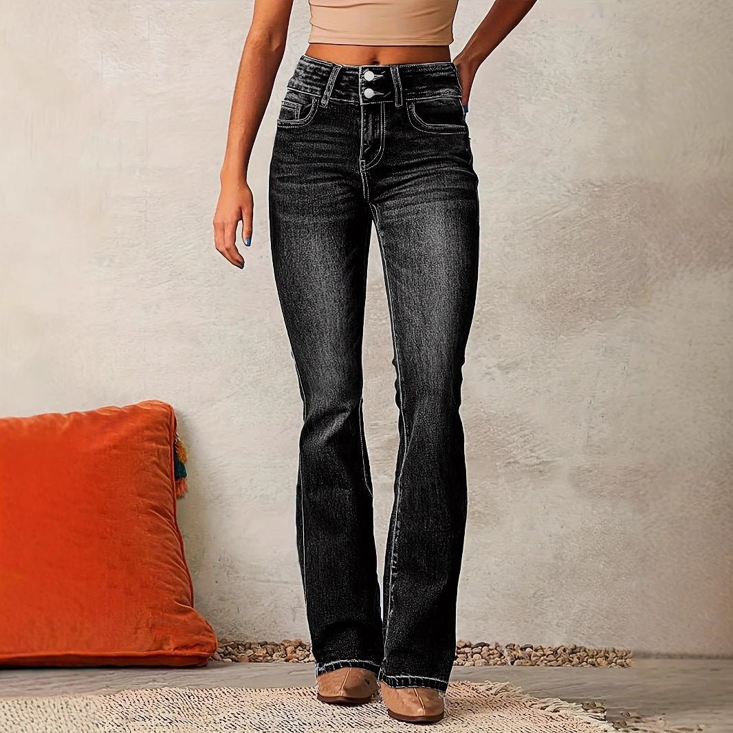 Skinny Flared Jeans With Pockets Fashion Button Zipper Trousers Women's Slim Denim Pants - Grace & Grit Boutique