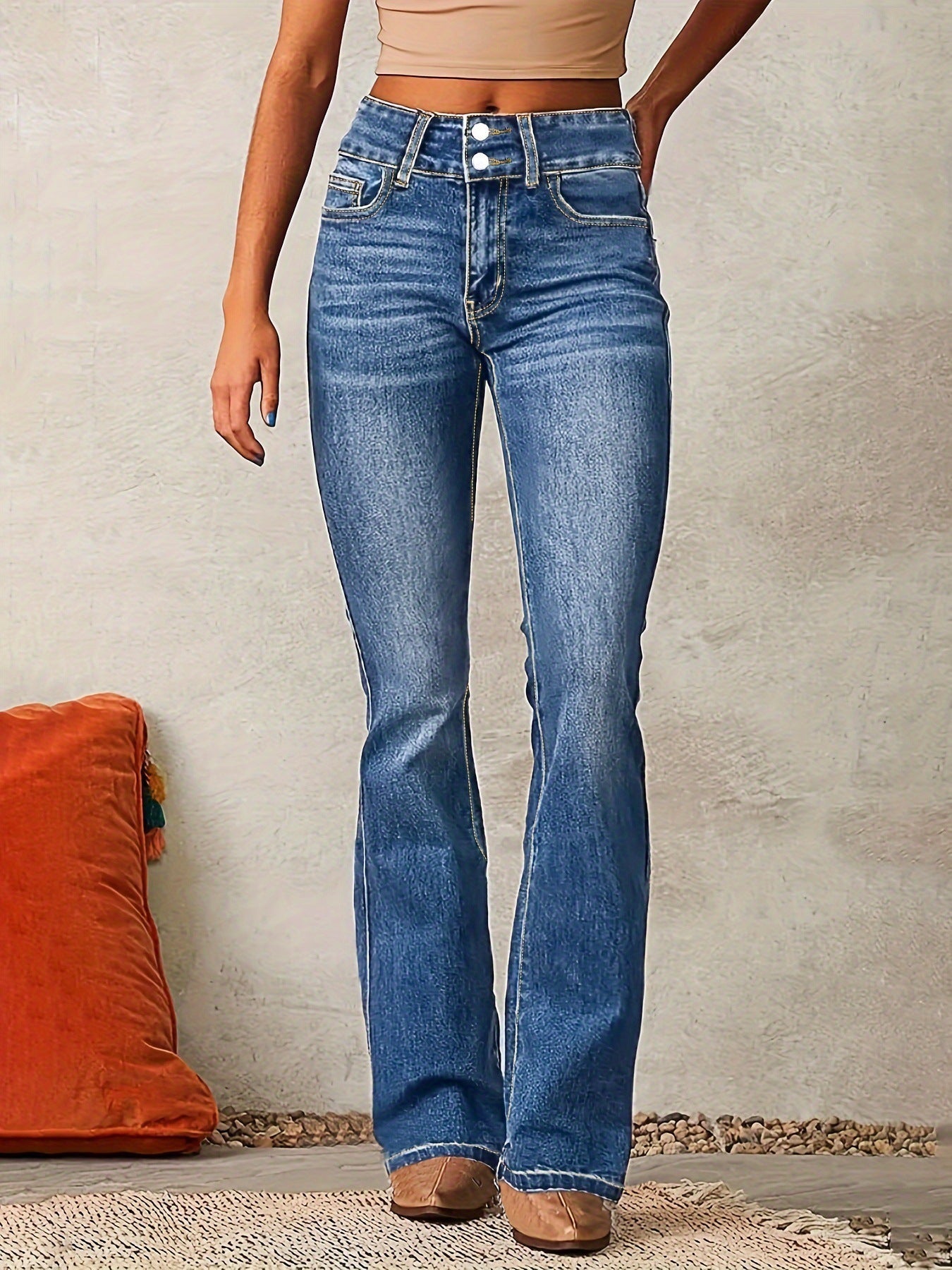 Skinny Flared Jeans With Pockets Fashion Button Zipper Trousers Women's Slim Denim Pants by Grace & Grit